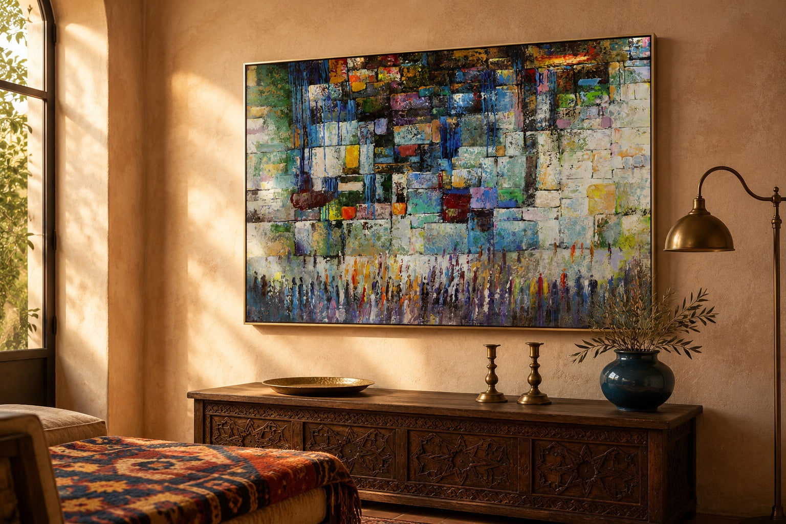 Colorful abstract painting of the Western Wall with gathered figures, hung above a carved wooden chest in a warm earthy room.