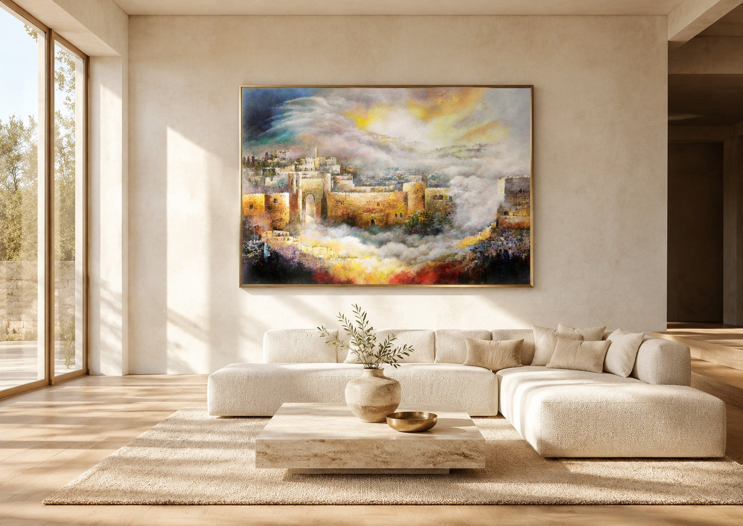 Large framed painting of ancient Jerusalem's stone walls in gold, blue, and white clouds, brass floater frame, bright minimalist living room with cream sectional.