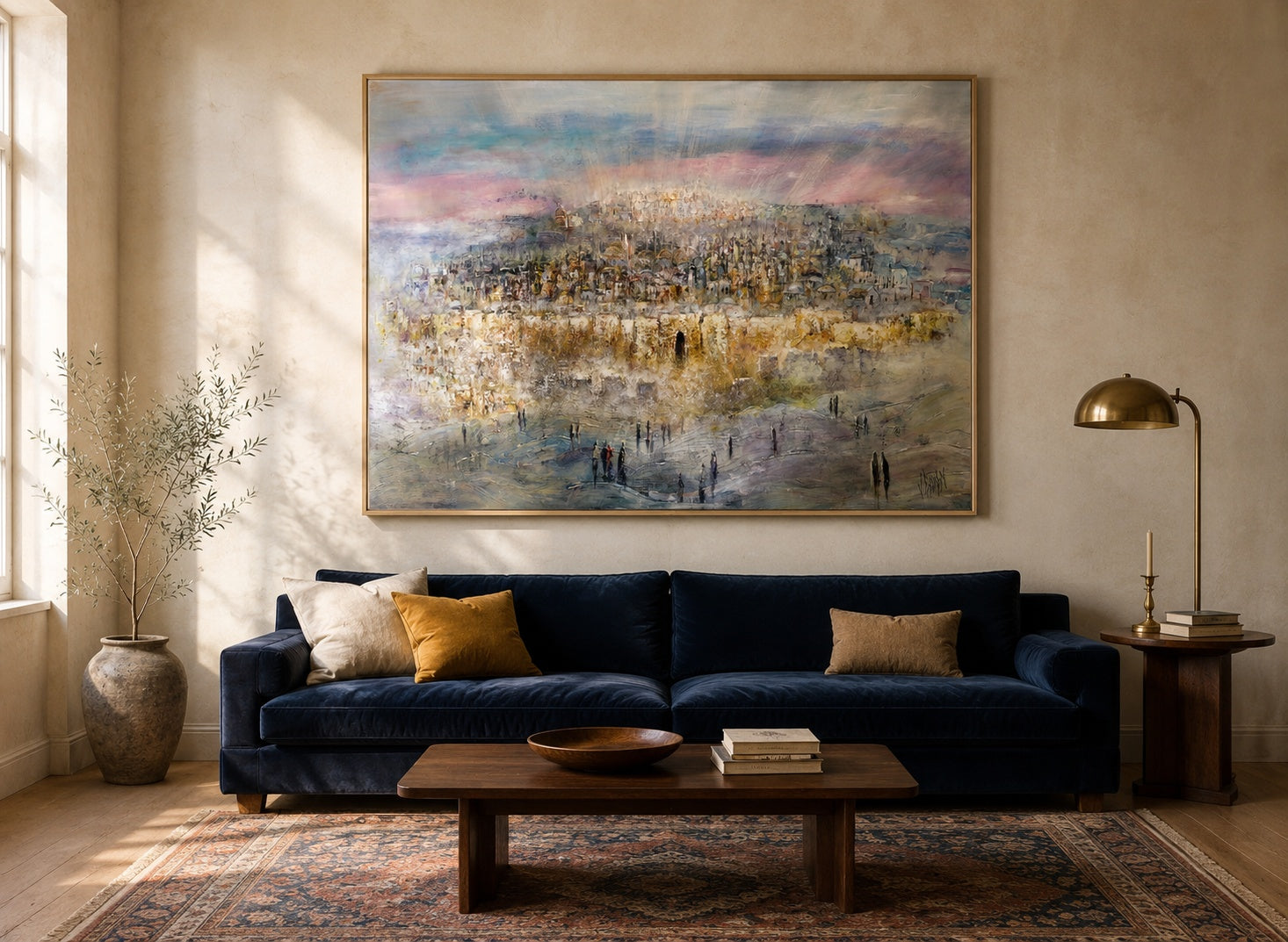Large framed painting of Jerusalem at sunset in gold and rose tones hanging above a navy sofa in a warm living room.