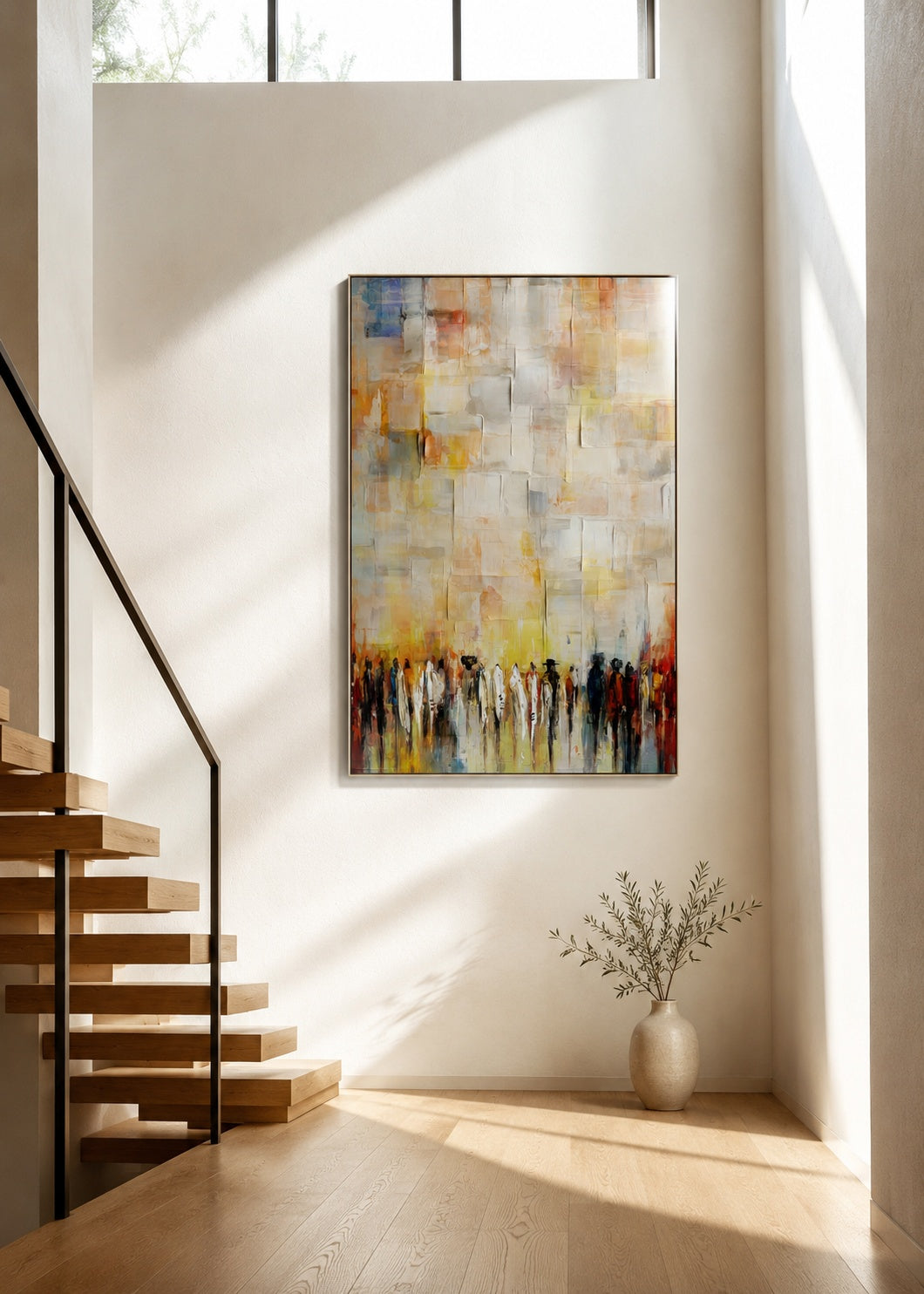 Vertical abstract Kotel painting with warm gold tones hanging in a bright stairwell beside floating wood stairs and a ceramic vase.
