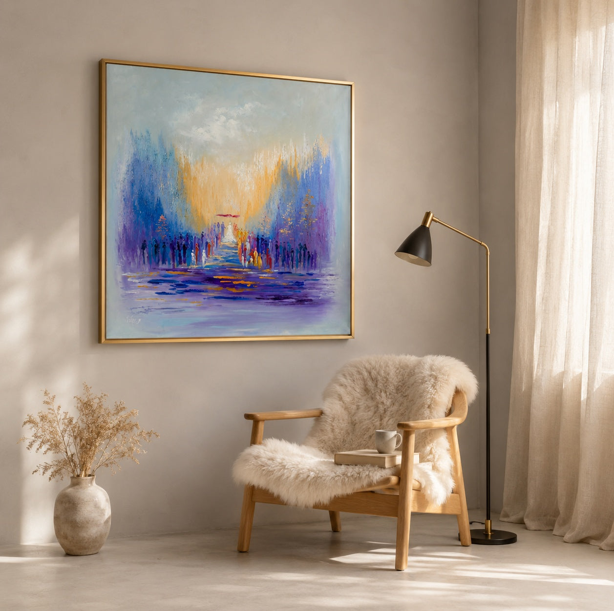 Square abstract painting in purple, blue, and gold tones in gold frame above a wooden chair with sheepskin throw and floor lamp.