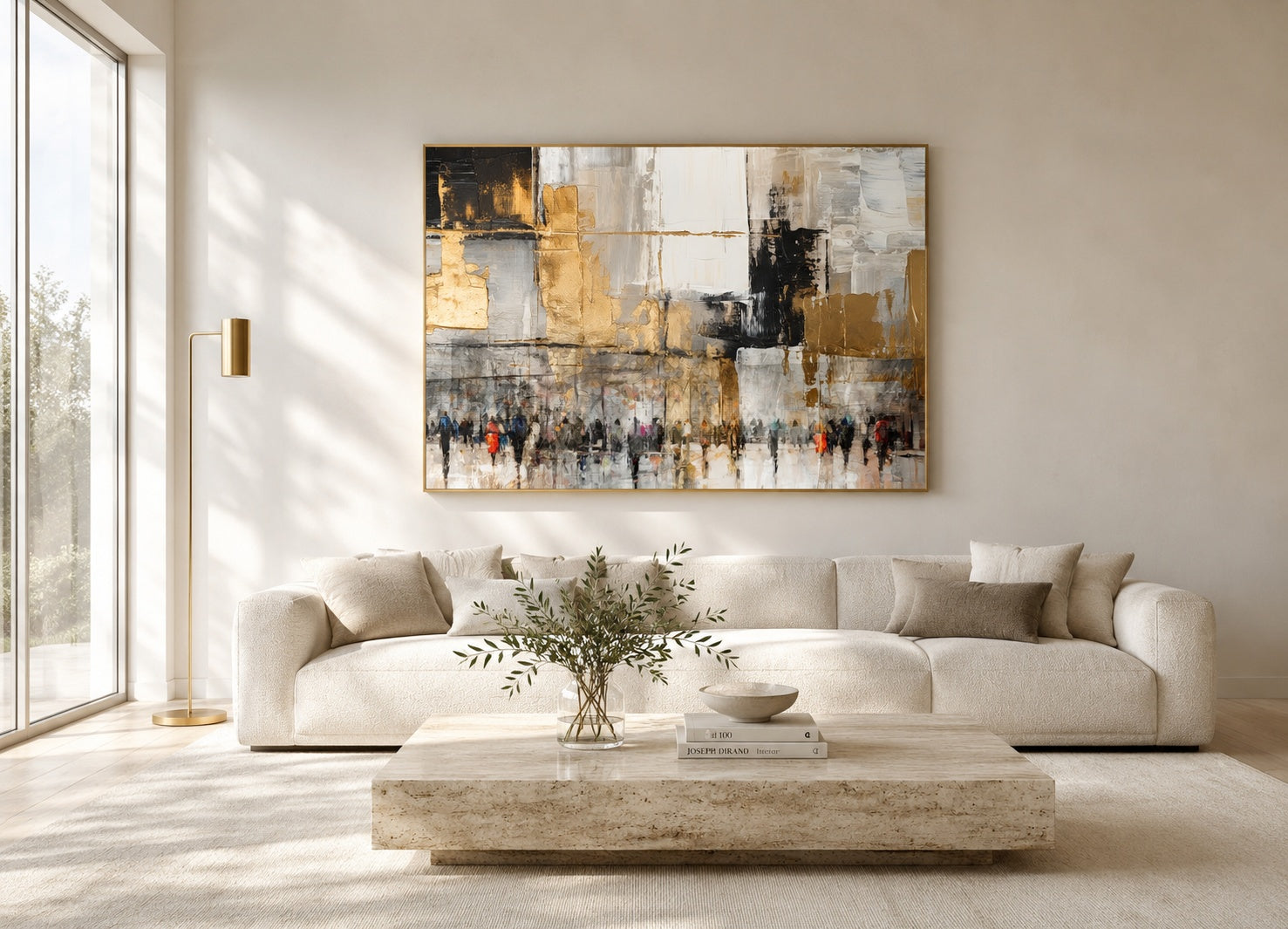 Large abstract painting in gold, white, and black tones with crowd figures above a cream sofa in a minimalist living room.