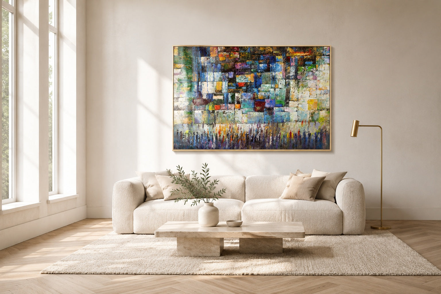 Abstract Western Wall painting with worshippers in blue, gold, and ivory, brass floater frame above a cream sofa in a bright minimalist living room.