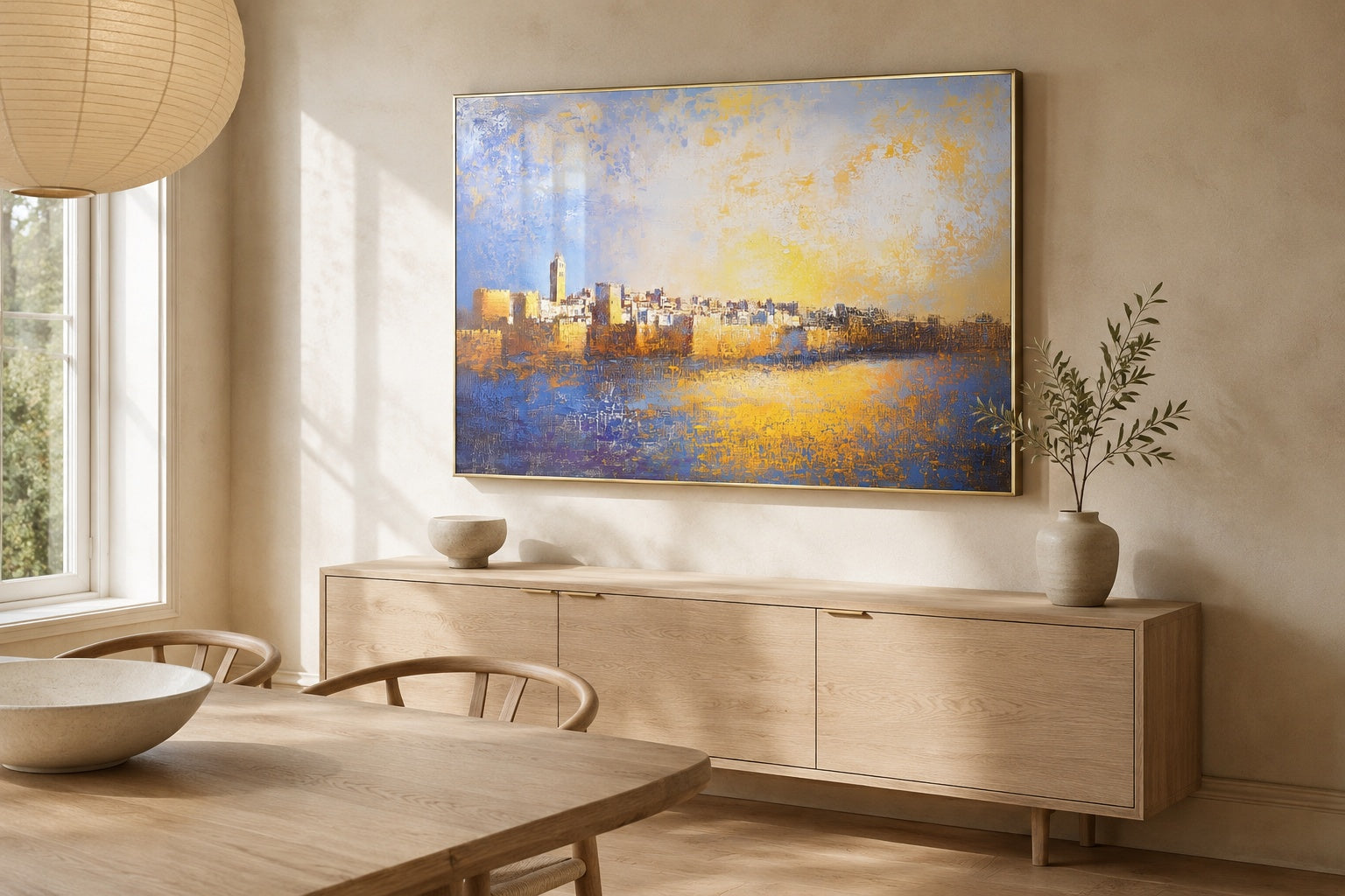 Blue and gold painting of Jerusalem's Old City skyline hung above a light oak sideboard in a warm dining room.