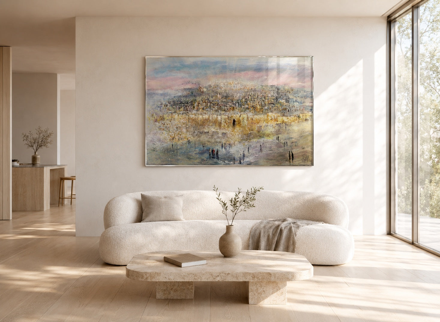 Large abstract Jerusalem painting in soft pastels and gold above a curved cream boucle sofa in a sunlit minimalist living room.