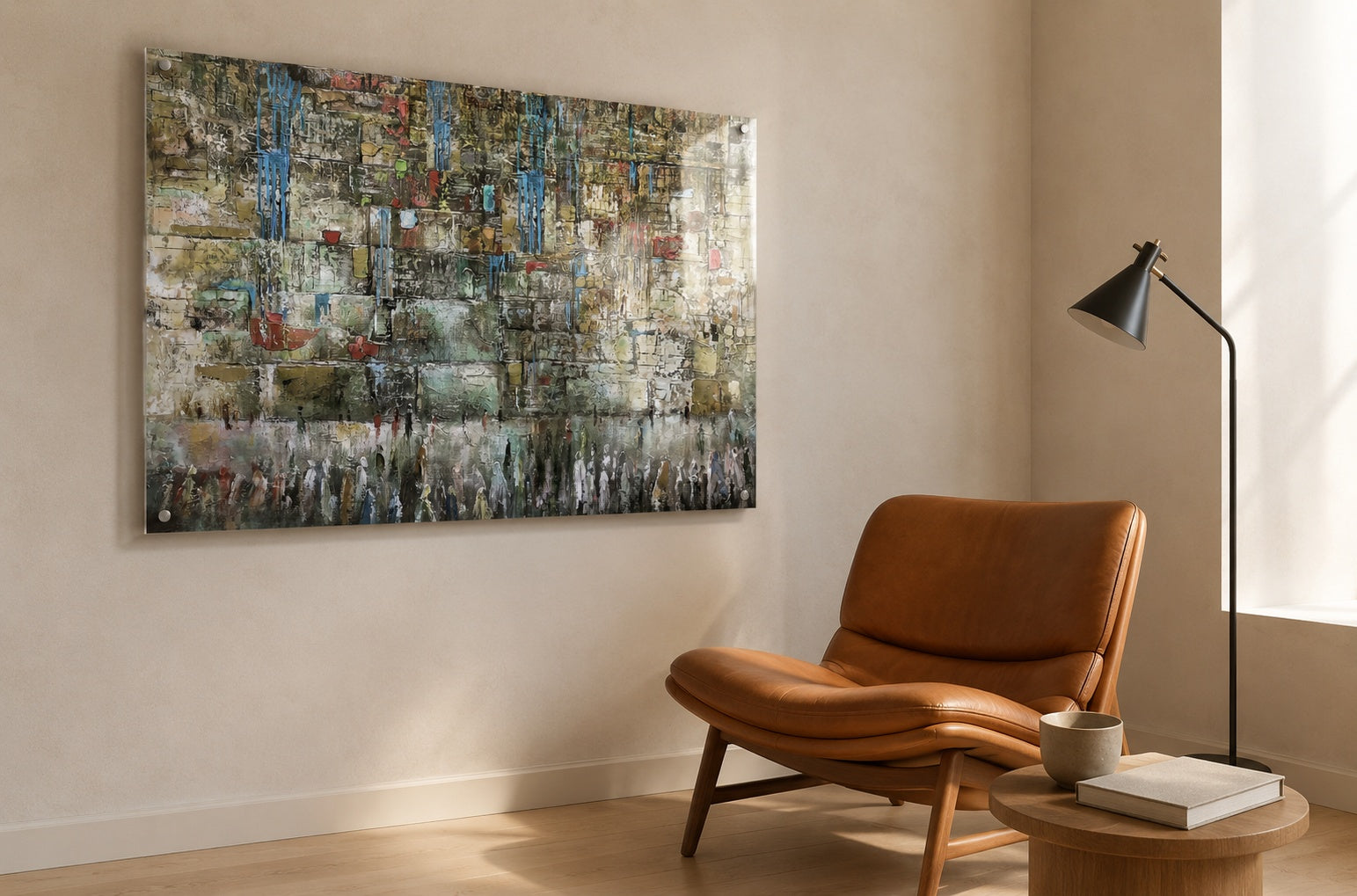 Textured abstract Western Wall painting with worshippers in olive, blue, and gold, brass-framed above a tan leather chair in a minimalist living room.