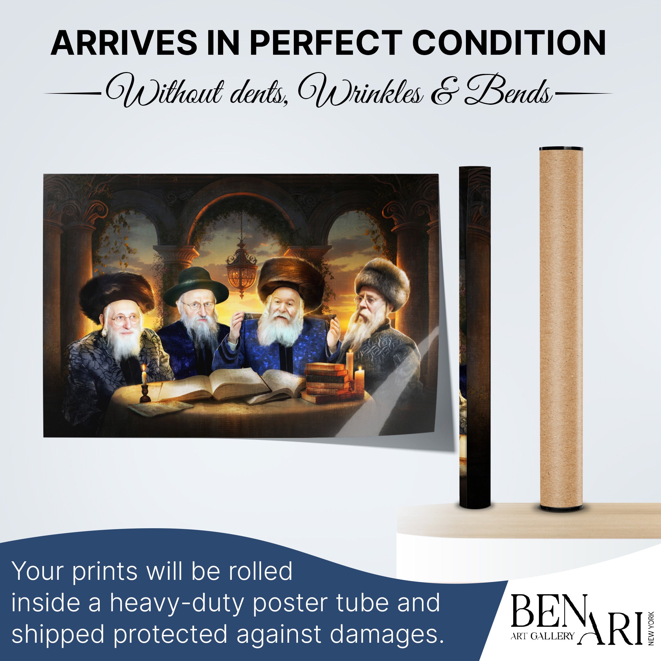 Torah learning scene poster for Sukkah, perfect Sukkot decor, with rabbis, arrives undamaged for holiday wall art.