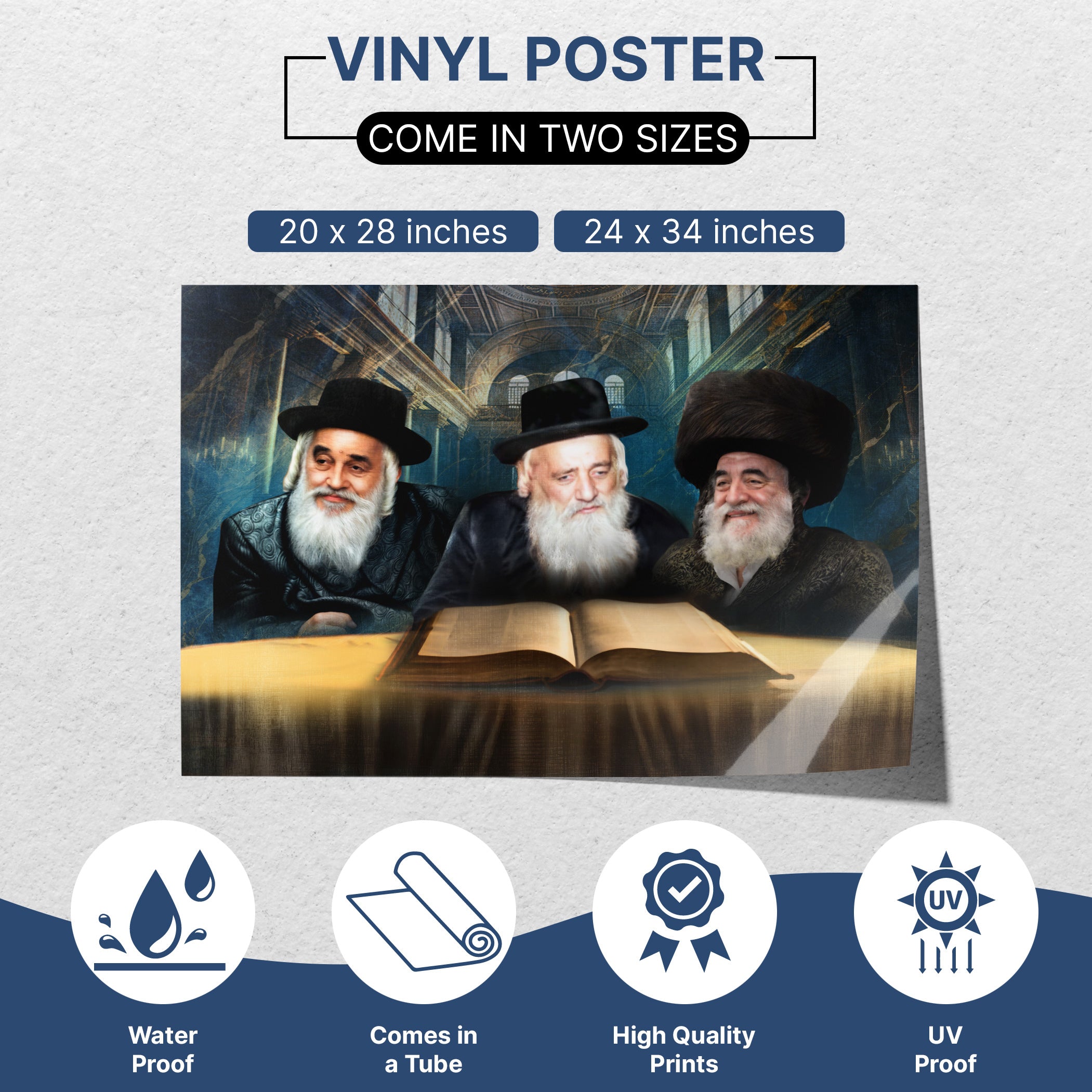 Vinyl poster featuring Vizhnitz Rabbis for sukkah decoration, available in two sizes, high-quality Sukkot decor.