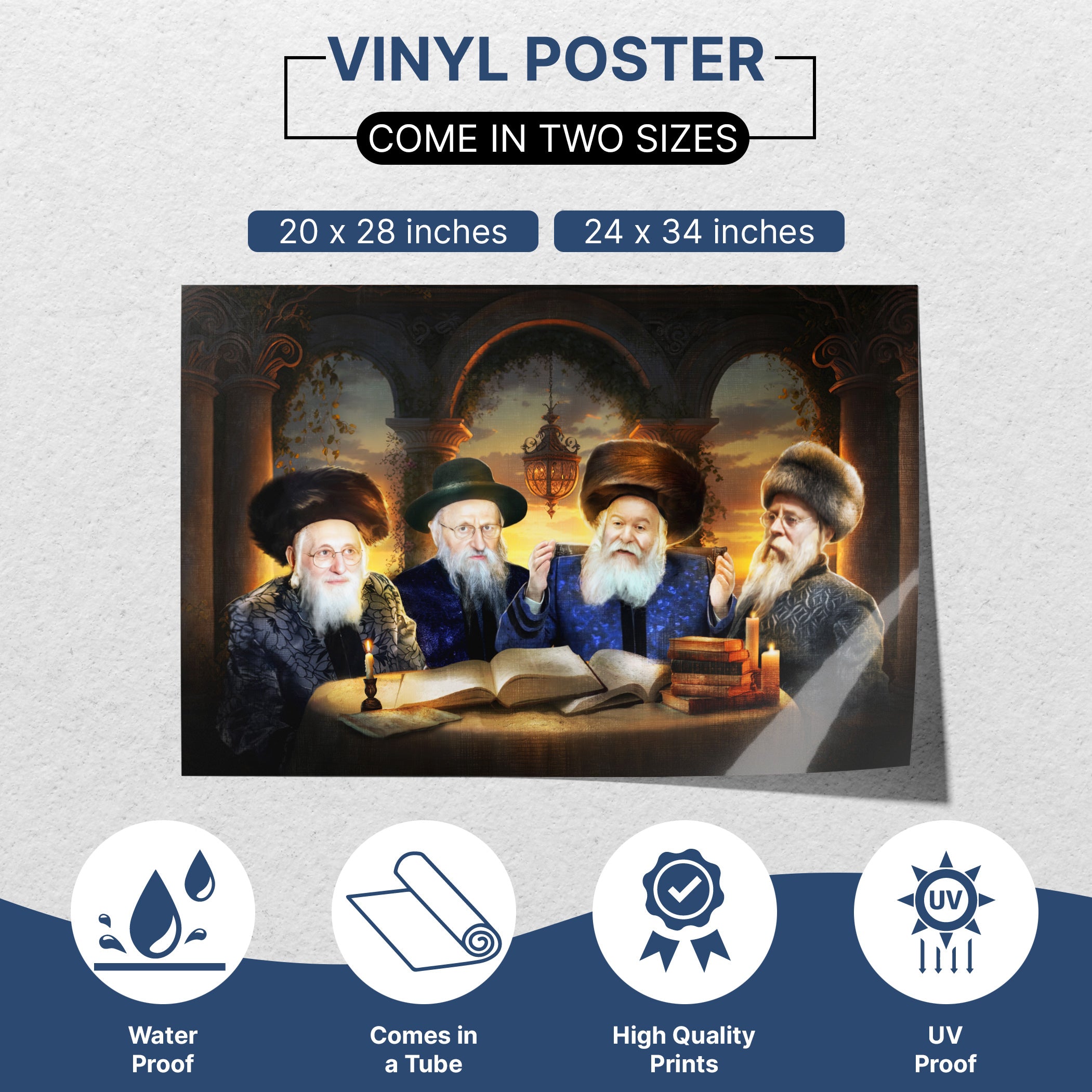 Bobov Rabbis Sukkah poster featuring Torah learning, ideal Sukkot decor, available in two sizes.