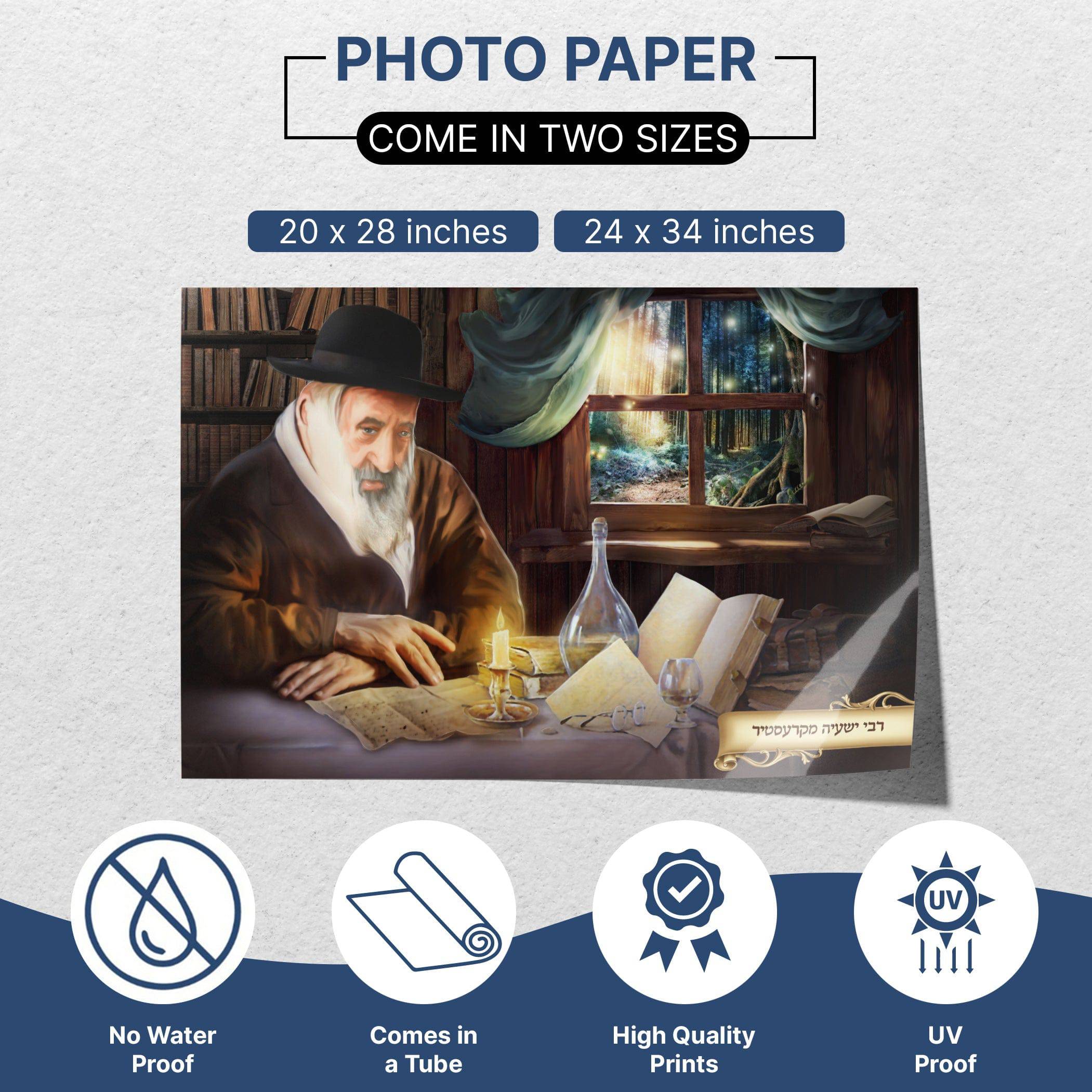 Artistic Portrait of Kerestir Rabbi - Unique Sukkah Wall Art, featuring the Rabbi reading, ideal for Sukkah decor. Available in multiple high-quality print options and sizes.