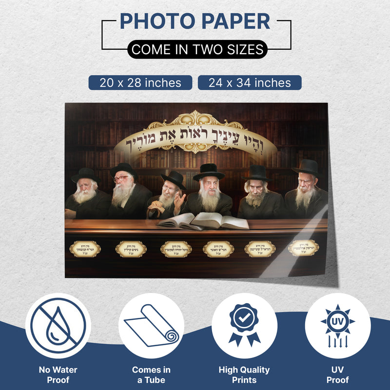 Ashkenazi Rabbis Sukkah Decoration - Honoring Jewish Leadership: A poster featuring six rabbis sitting at a table, ideal for enhancing Sukkot celebrations.