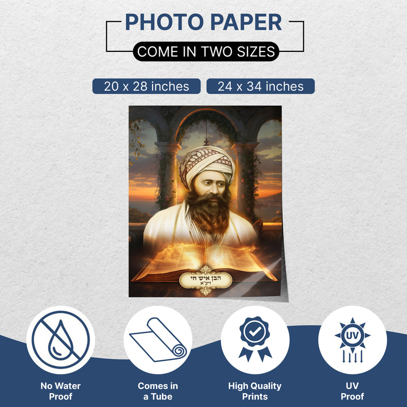 Ben Ish Chai Portrait Sukkah Decoration in vinyl, laminated, or paper print, featuring a bearded man with a turban, perfect for Sukkot celebrations.