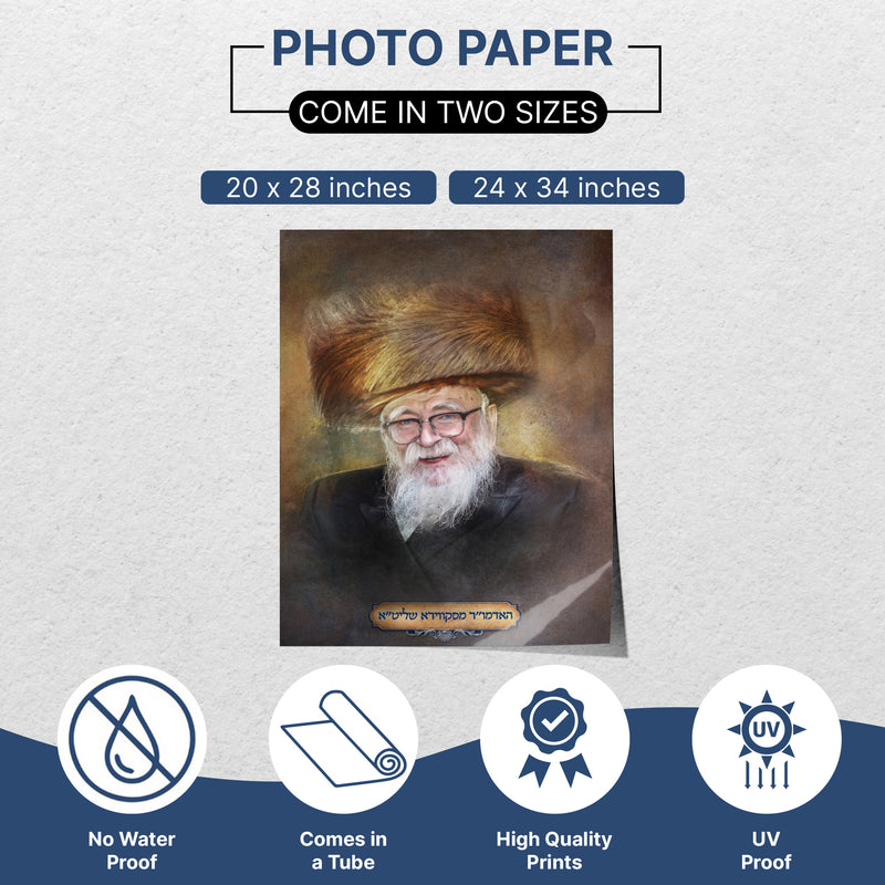 The Skverer Rebbe Portrait Poster features a dignified depiction of the revered Hasidic leader, ideal for enhancing Sukkah decor with spiritual inspiration.