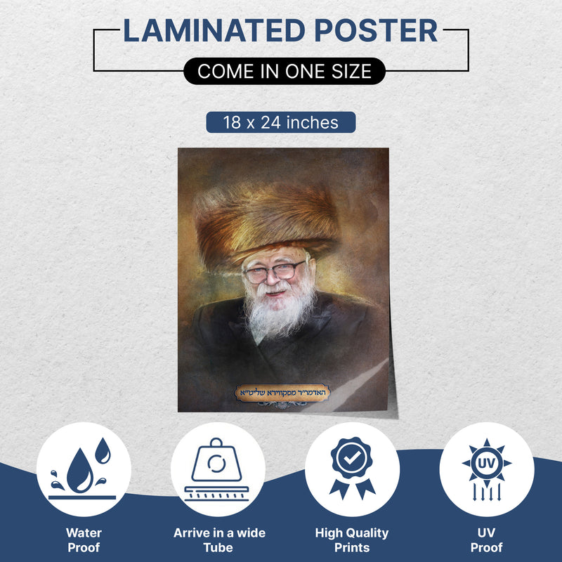 The Skverer Rebbe Portrait Poster featuring a man with a large furry hat, glasses, and a white beard, symbolizing inspiration for Sukkot decor.