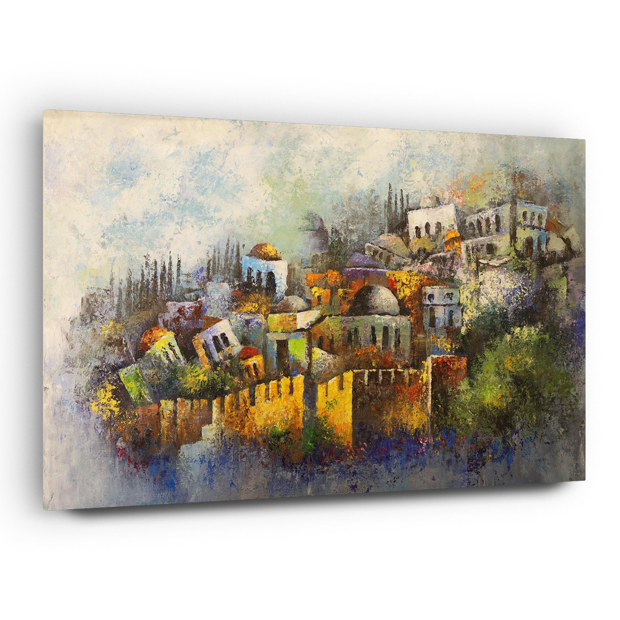 Jerusalem - Yossi Bitton's Modern Interpretation of Jewish Art on Acrylic, showcasing an abstract cityscape of Jerusalem with vibrant forms and colors.