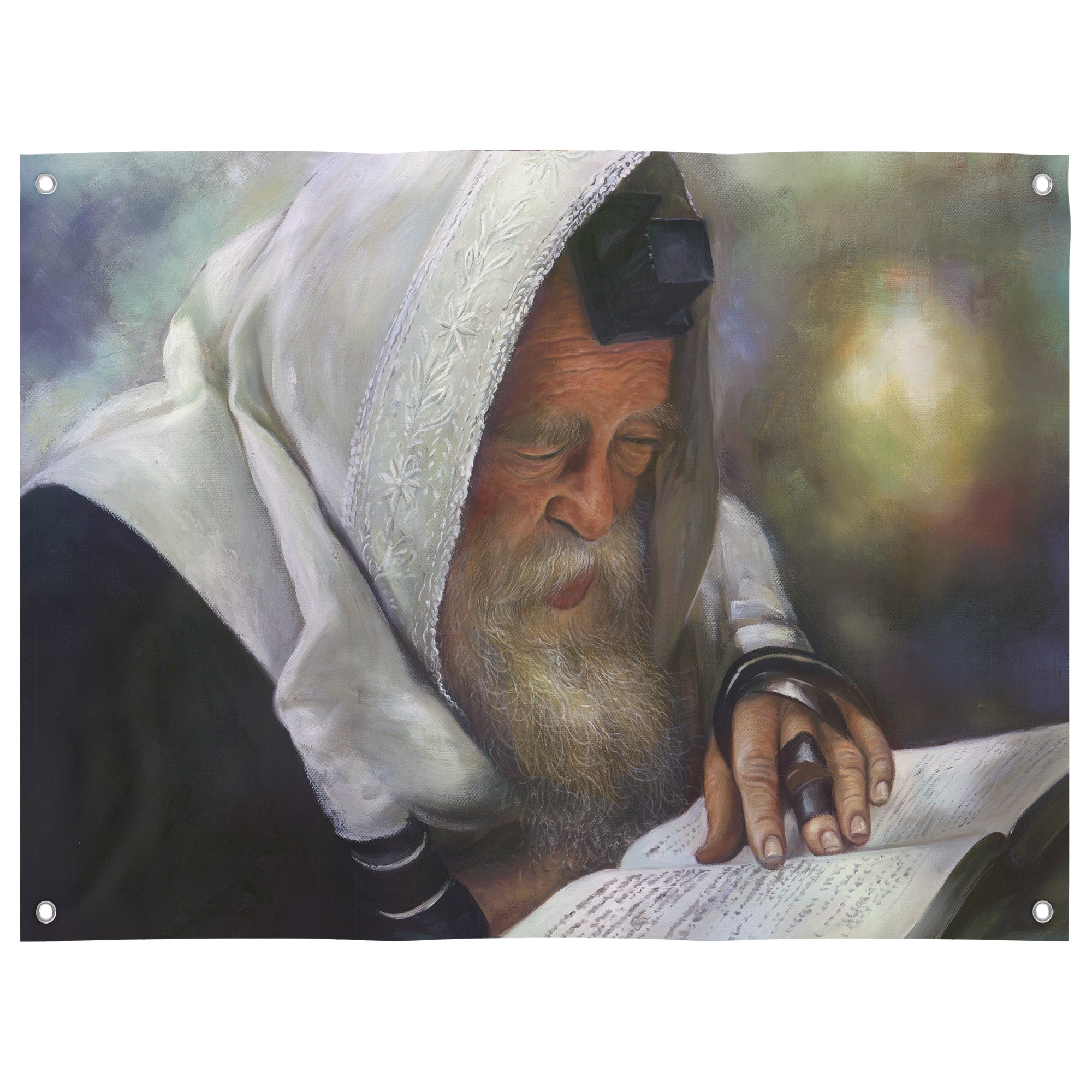 Rabbi Chaim Kanievsky Portrait Poster - Inspirational Sukkah Decor; a detailed painting capturing Rabbi Kanievsky reading, ideal for enriching Sukkot celebrations with spiritual depth.