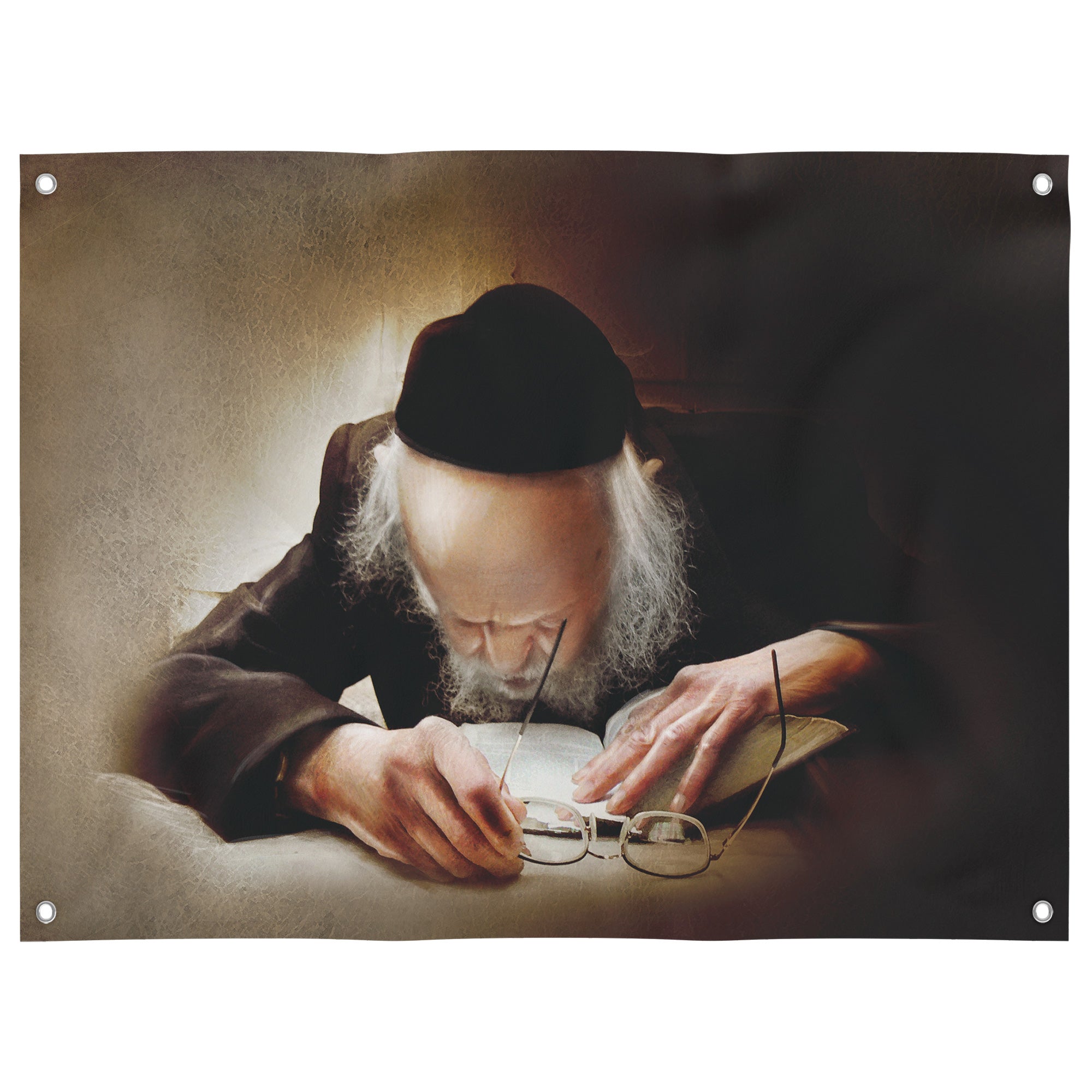 Rabbi Eliashiv Learning Torah Poster - Spiritual Sukkah Art featuring Rabbi Eliashiv deeply engrossed in Torah study, ideal for inspiring Sukkot decorations with spiritual depth.