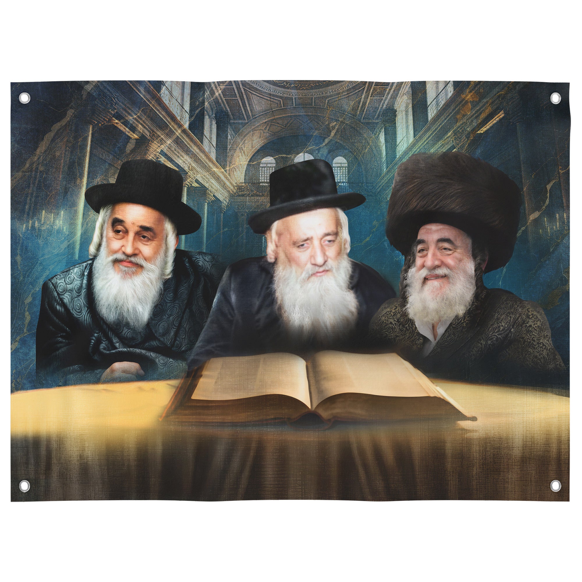 Vizhnitz Rabbis sukkah poster featuring three rabbis, perfect Sukkot decor and holiday wall art for sukkah.