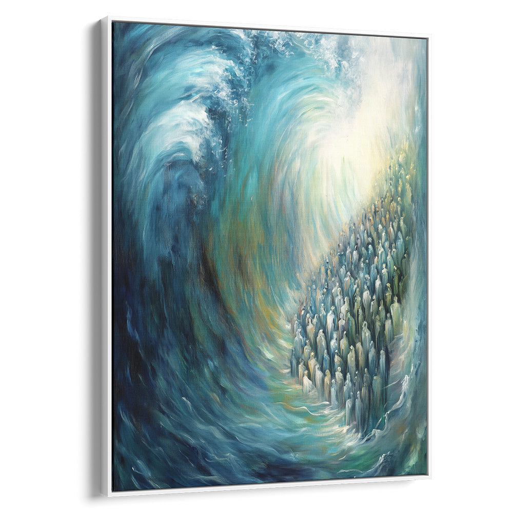 Contemporary Jewish artwork of Red Sea crossing, featuring vibrant waves and figures, ideal Hebrew wall decor.