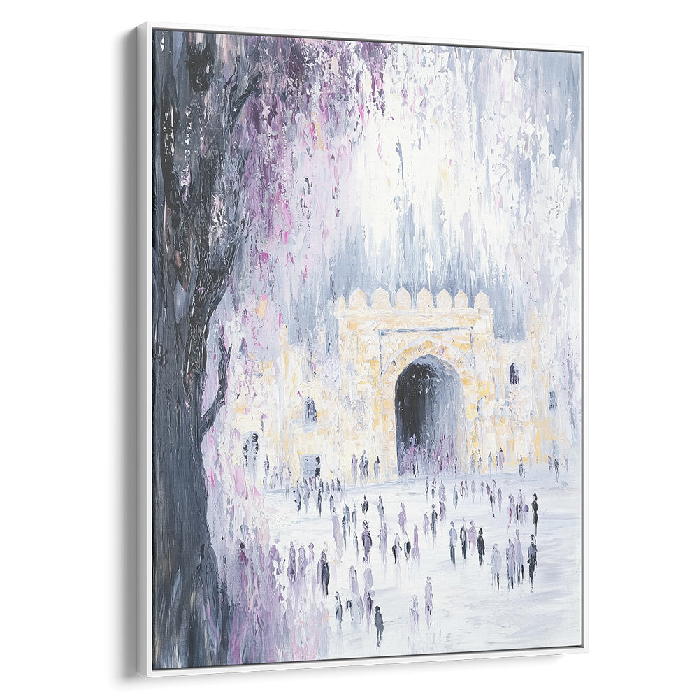 Contemporary painting of Rachel's Tomb with abstract figures, enhancing Jewish-themed home decor.