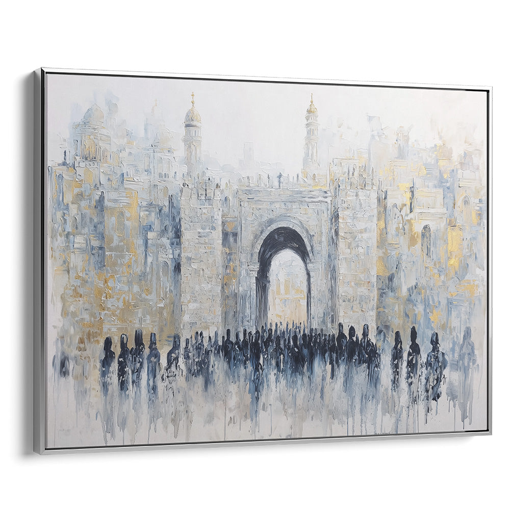 Gate of Legacy artwork in a silver frame, depicting Jaffa Gate in contemporary Jewish art style.