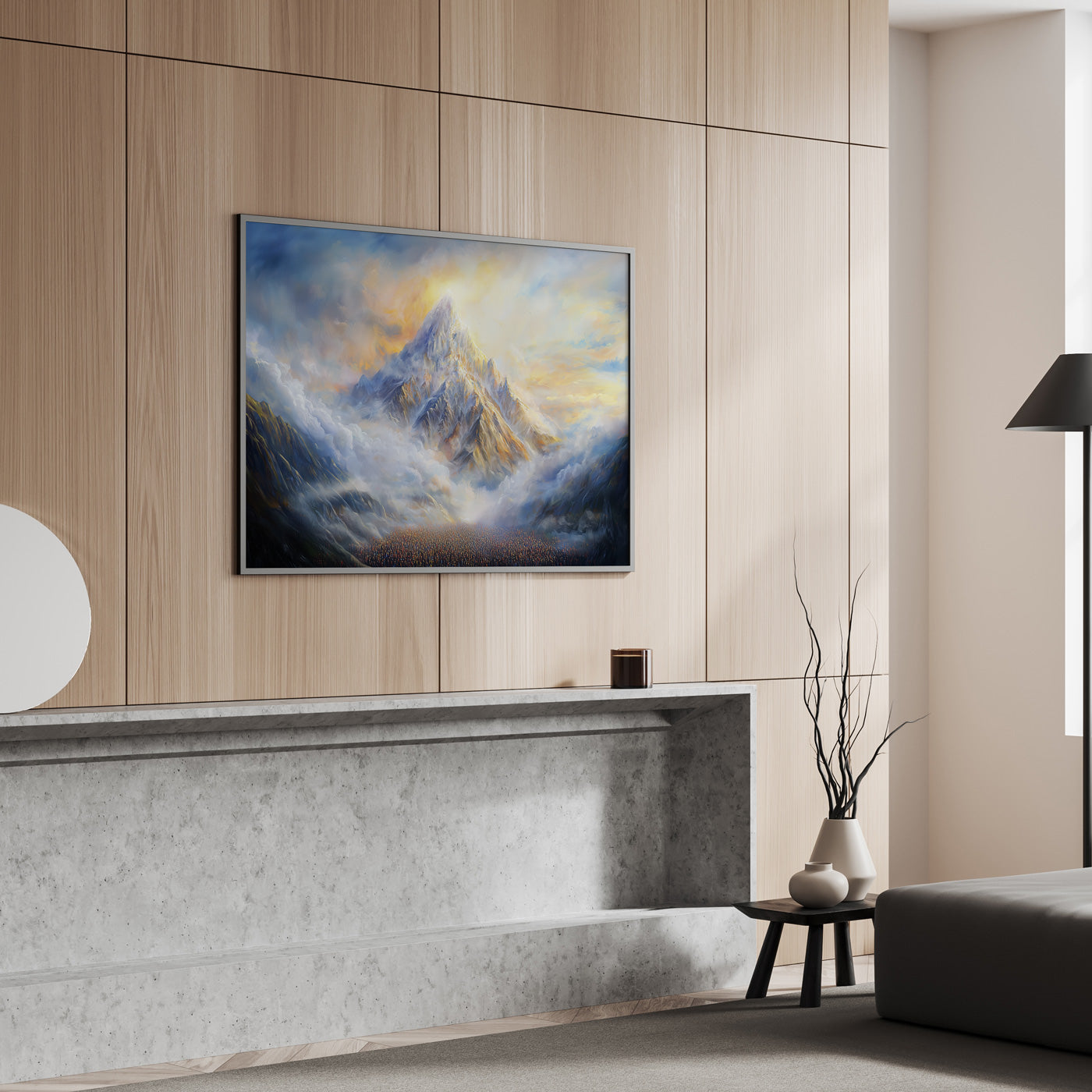 Revelation at Sinai, contemporary Jewish artwork by Avigdor Ben-Ari, featuring dramatic mountain and cloudscape.