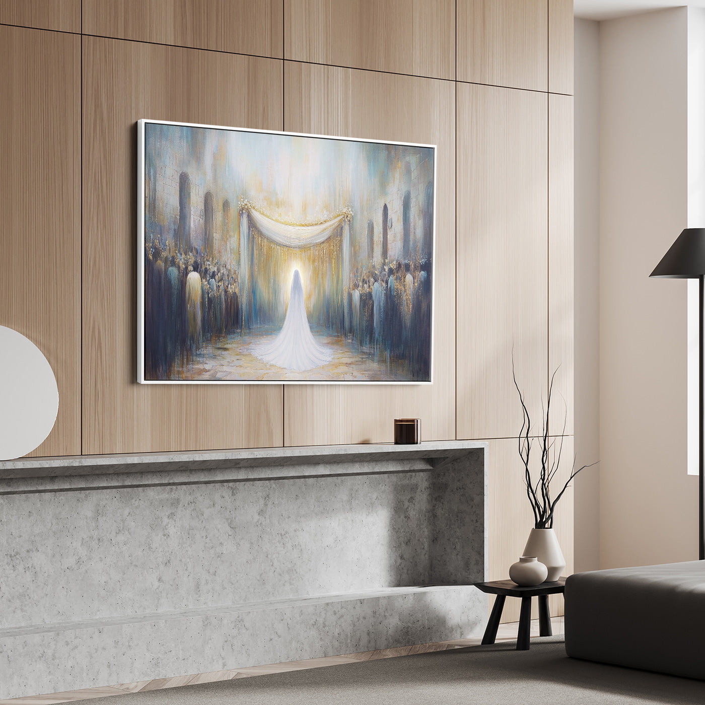 Contemporary Jewish artwork depicting a Jerusalem wedding scene, ideal for Hebrew wall decor and religious Judaica prints.