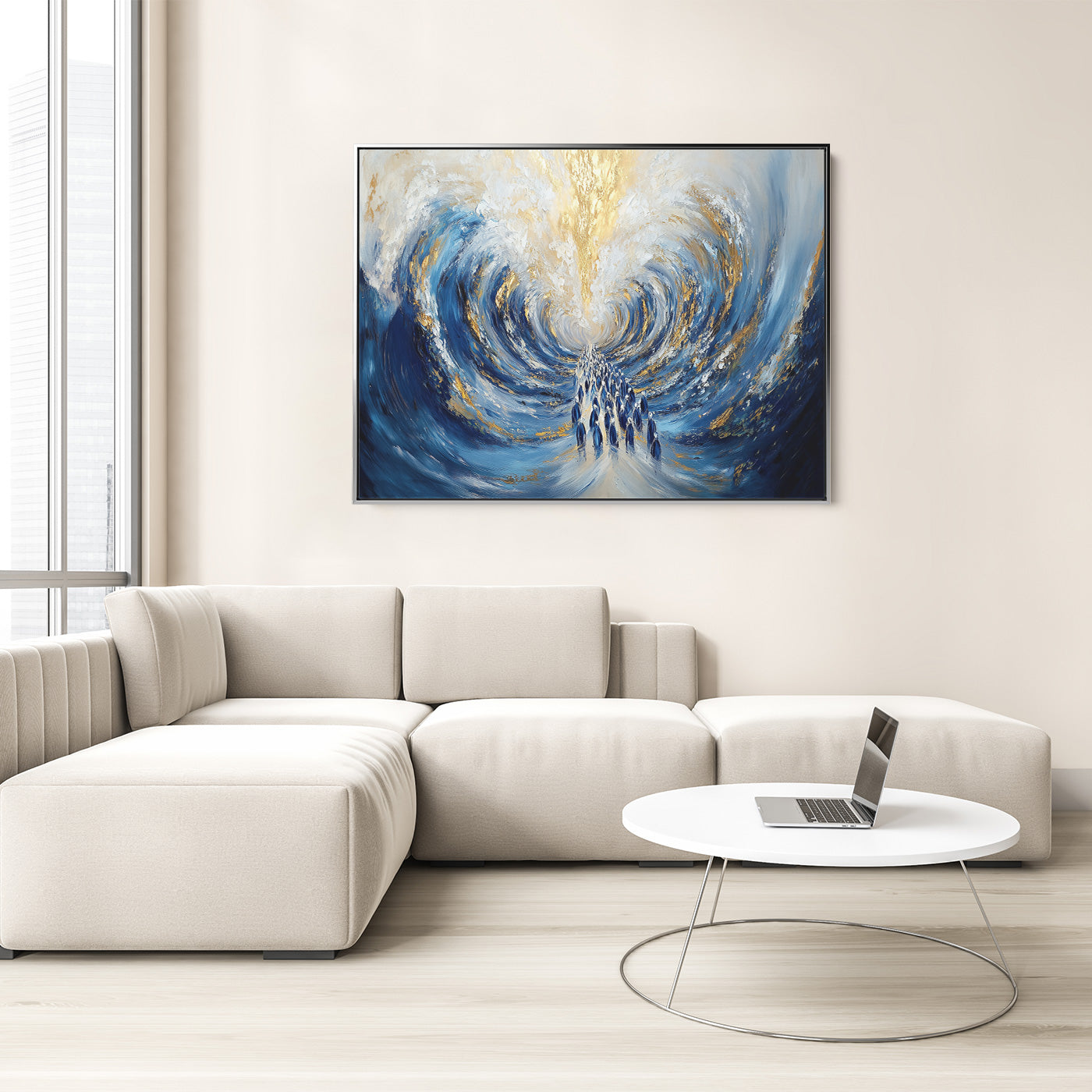 Contemporary Jewish art depicting Red Sea Miracle adorning a modern living room, ideal Hebrew wall decor.