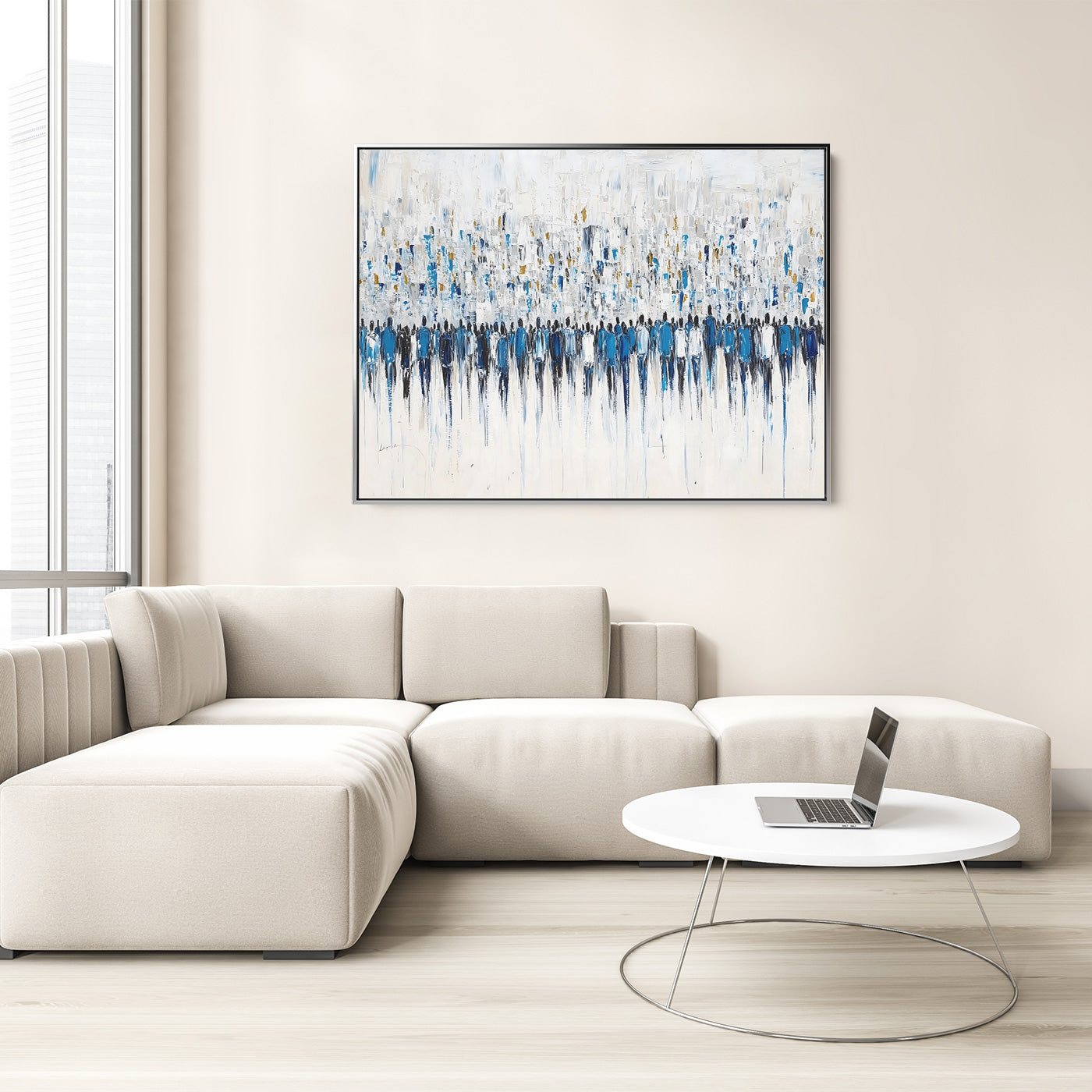 Abstract painting of the Kotel, contemporary Jewish art with blue tones, hangs above a modern sofa.