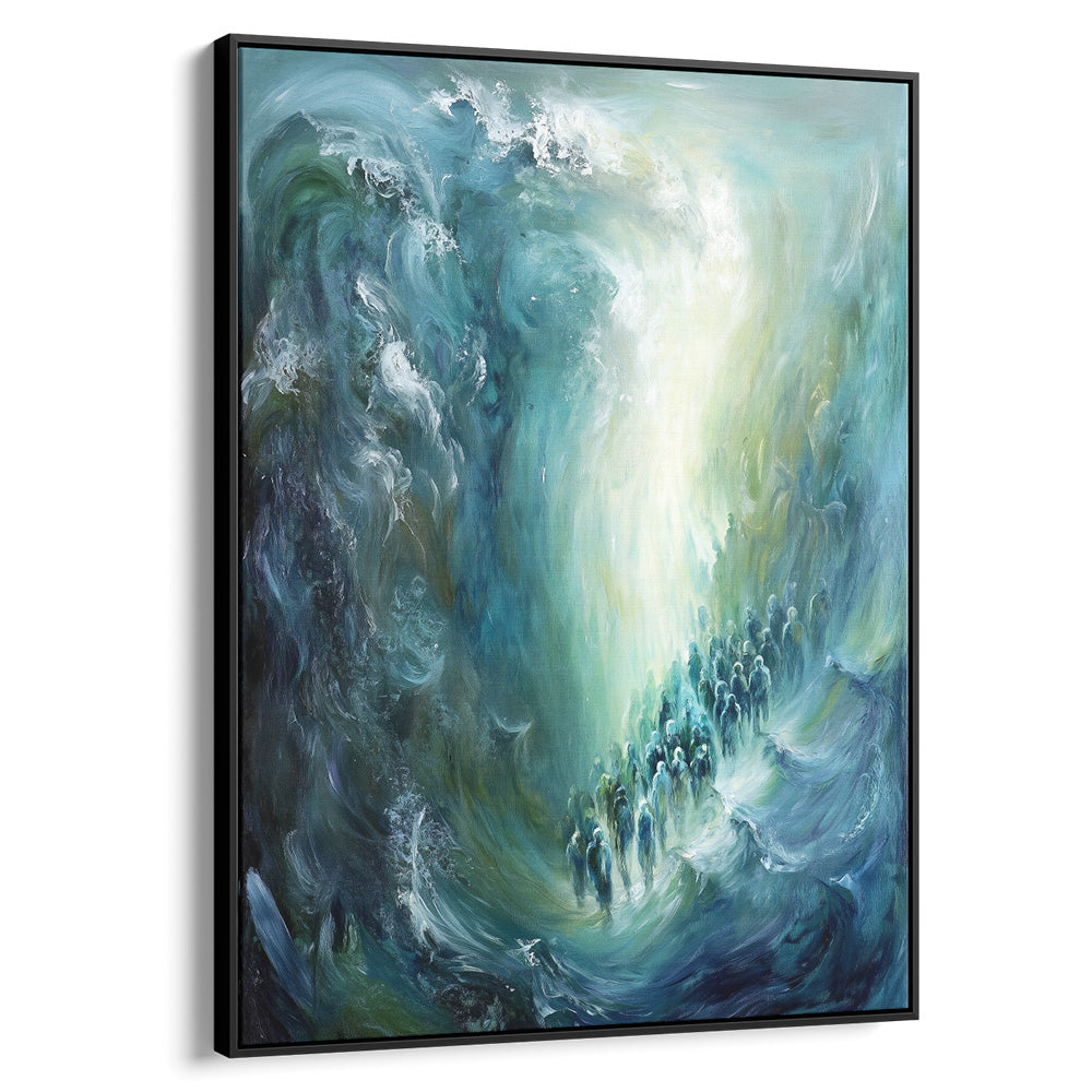 Contemporary Jewish artwork depicting Red Sea miracle, framed Hebrew wall decor, beautiful religious Judaica print.