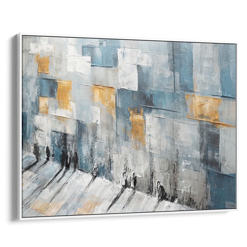 "Abstract Western Wall art by Avigdor Ben Ari in blue, gray, and gold tones for Judaica home decor."