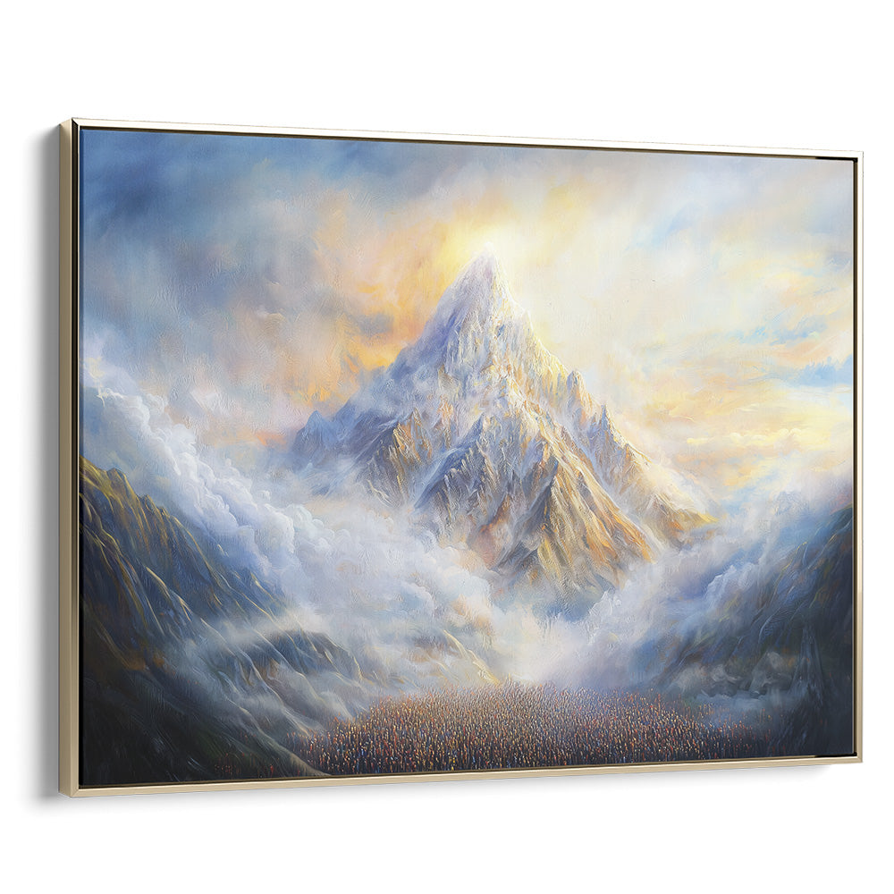 Revelation at Sinai artwork by Avigdor Ben-Ari, contemporary Jewish art in gold frame, Hebrew wall decor.