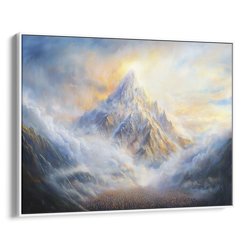 Contemporary Jewish artwork depicting Mount Sinai with mystical clouds, ideal for Hebrew wall decor and Judaica prints.