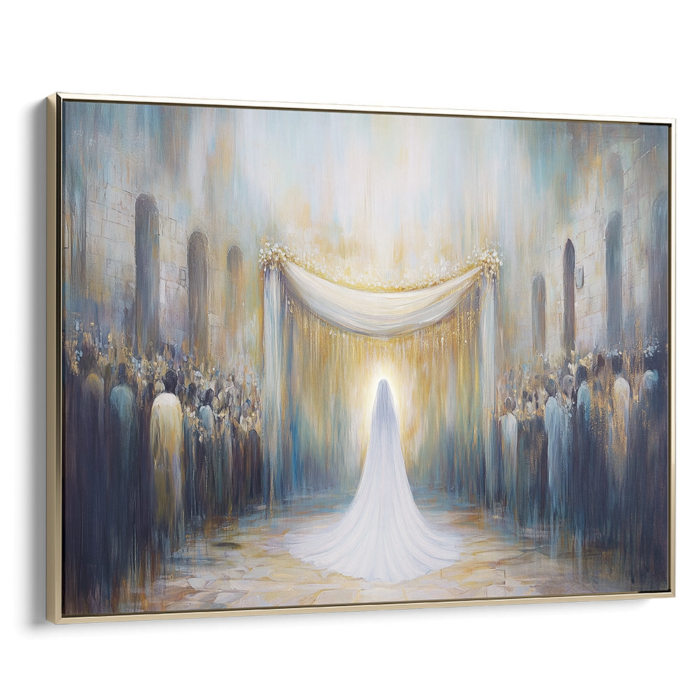 Sacred Union contemporary Jewish art depicting a Jerusalem wedding under a chuppah, ideal Hebrew wall decor.