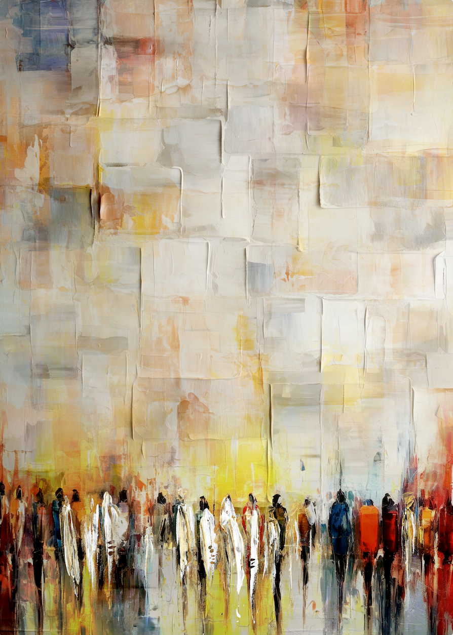 Subtle abstract art of Western Wall by Avigdor Ben-Ari, featuring figures in vibrant Jewish-themed decor.