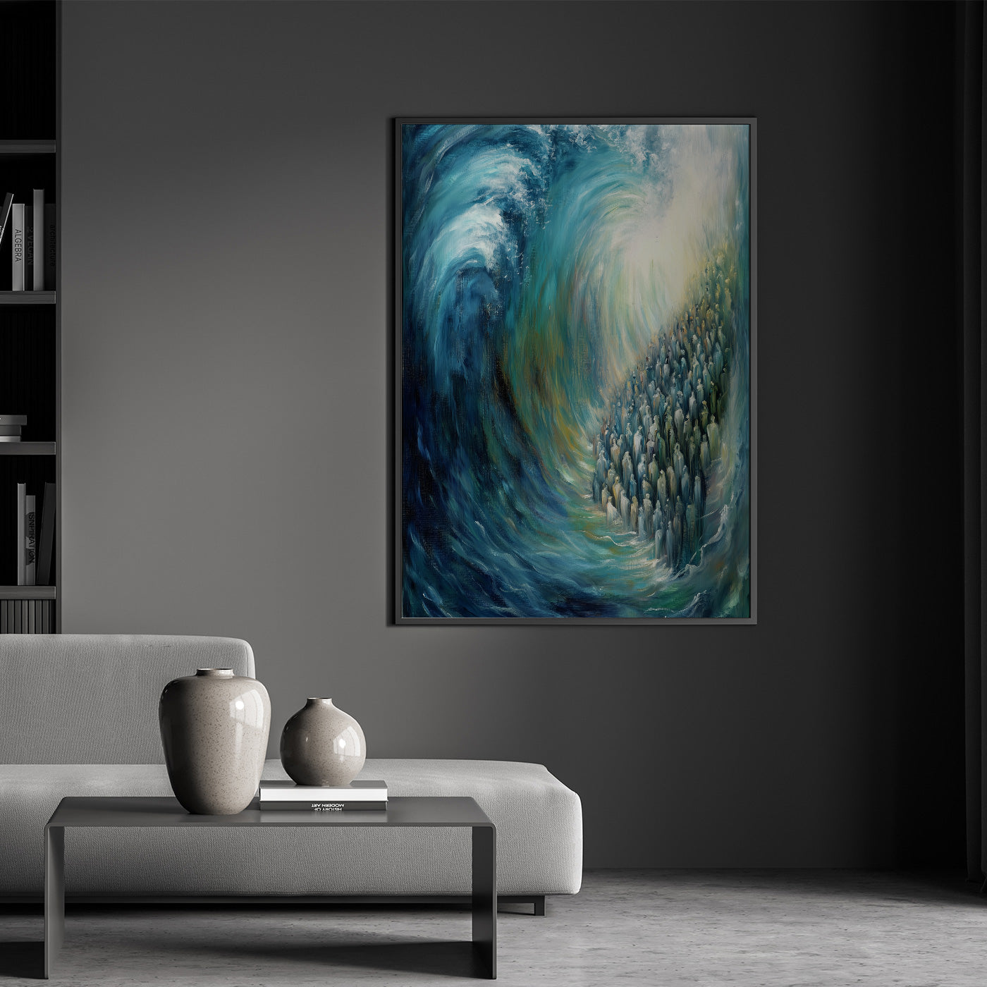 "Contemporary Jewish artwork of Red Sea crossing, vibrant religious Judaica print for Hebrew wall decor."