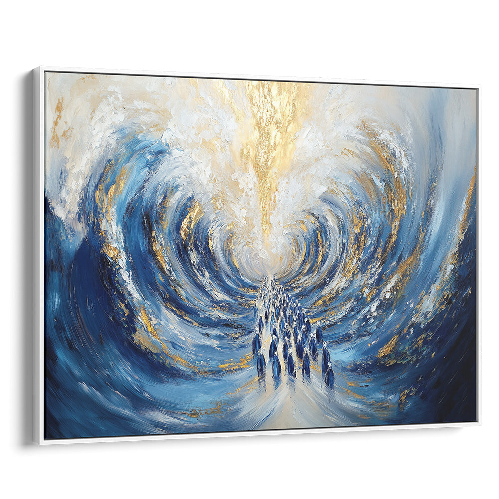 Contemporary Jewish art print depicting the Red Sea miracle, featuring vibrant blue and gold swirls in Hebrew style.