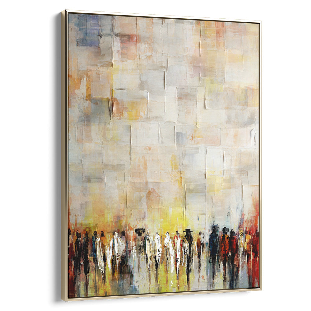 Subtle abstract painting of the Western Wall by Avigdor Ben-Ari, featuring muted tones in a gold frame.