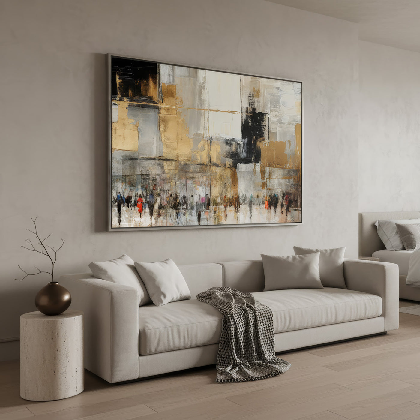 Abstract Jewish art with gold and neutral tones hanging above a white sofa in a modern minimalist interior
