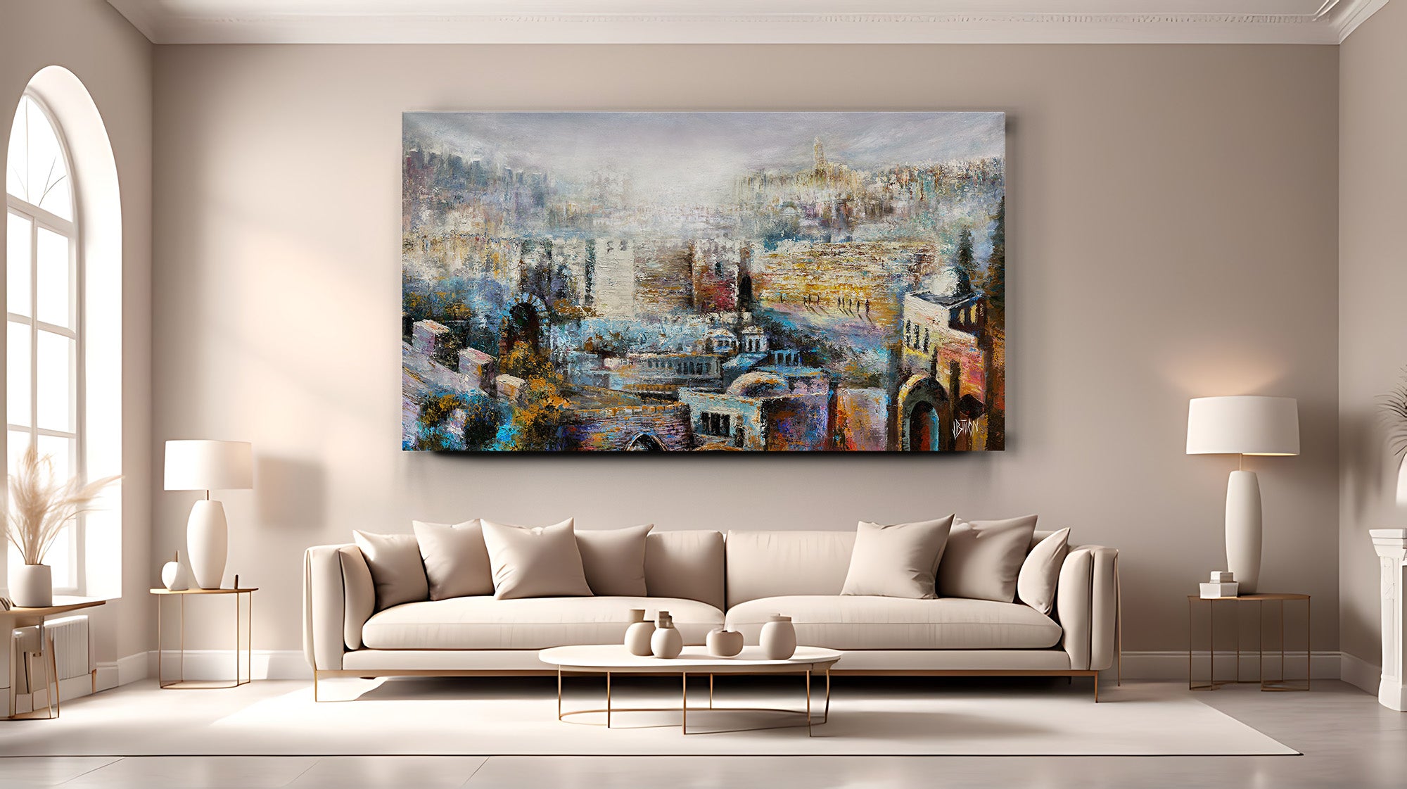 Moriah - Jerusalem - Abstract Landscape by Yossi Biton, a painting depicting the holy city, displayed above a modern couch in a well-designed living room setting.