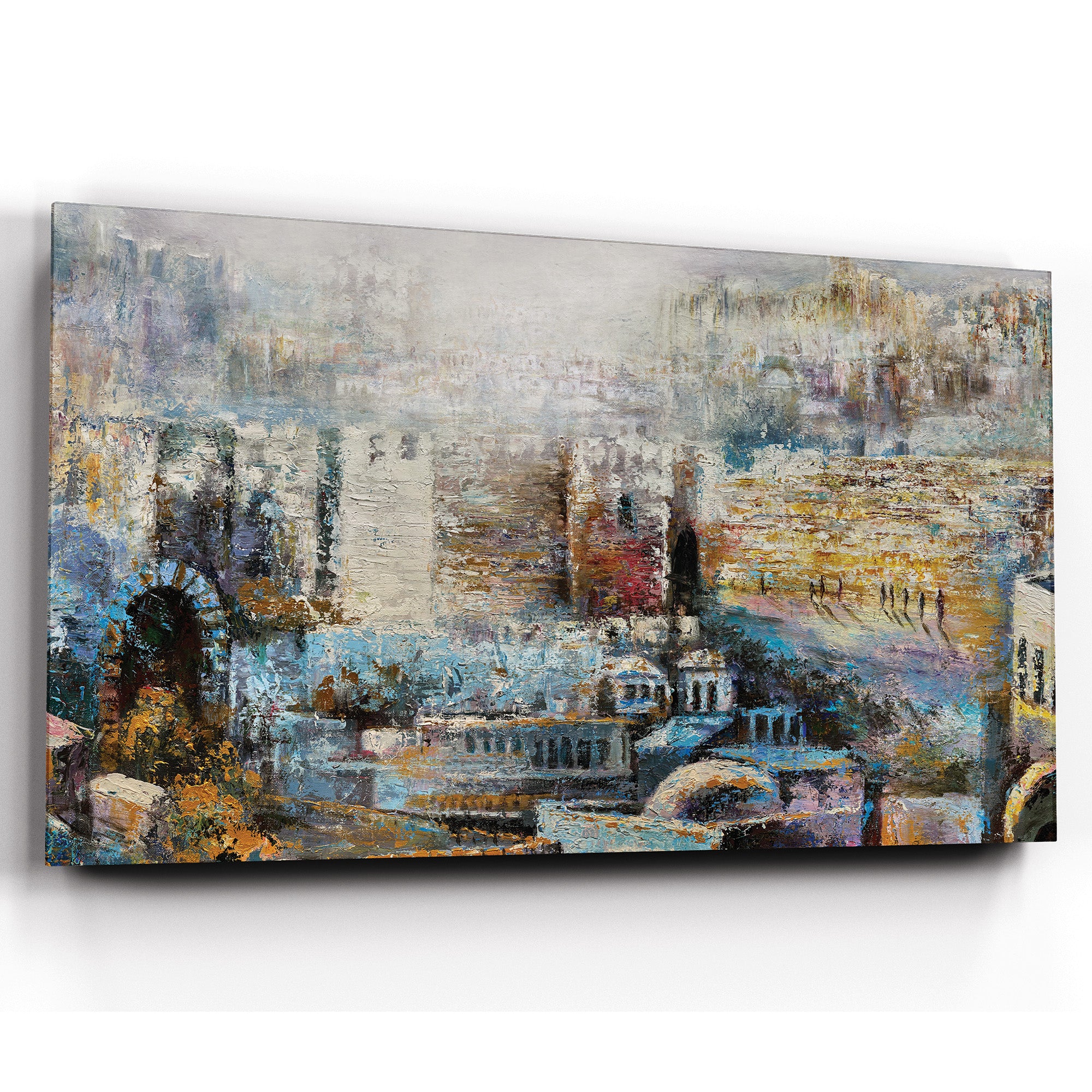 Moriah - Jerusalem - Abstract Landscape by Yossi Biton depicts a vibrant city scene with people walking, capturing the essence of Jerusalem's historical depth and spiritual beauty.