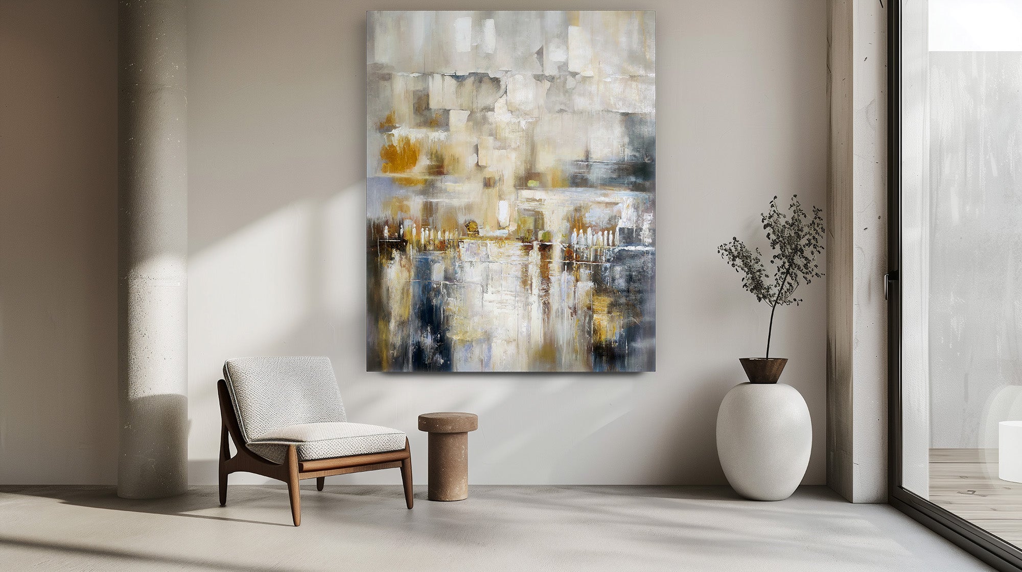 The Western Wall - Abstract Jerusalem Art by Yossi Biton, featuring a modern depiction of the Western Wall with subtle tones, displayed in an elegant interior setting.