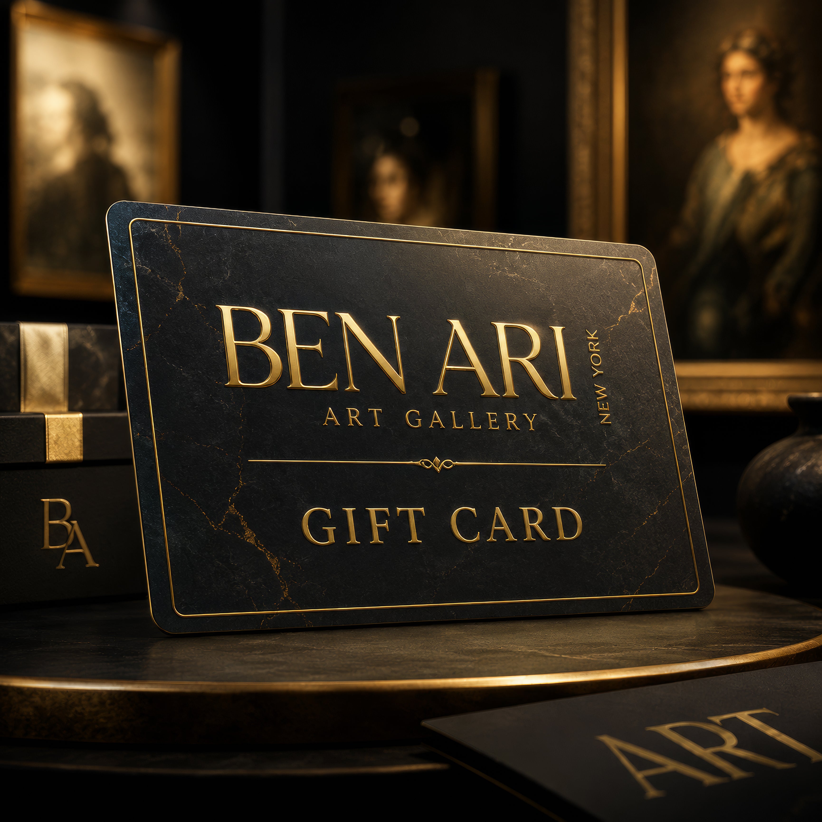 Ben Ari Art Gallery digital gift card in black and gold, for original art and fine art prints