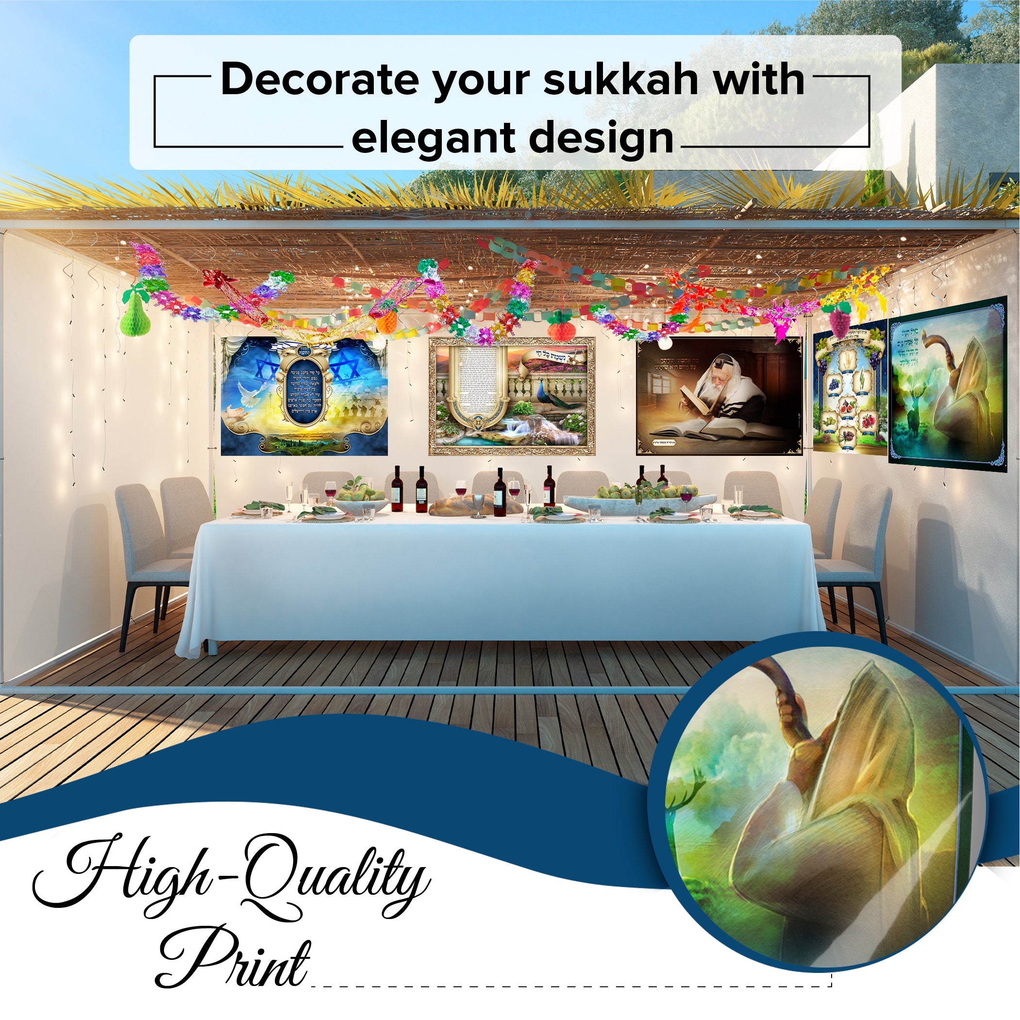 Four Species Mosaic - Fourth Edition Sukkot Poster, showcasing the etrog, lulav, hadas, and aravah in a vibrant mosaic style, ideal for sukkah decoration.