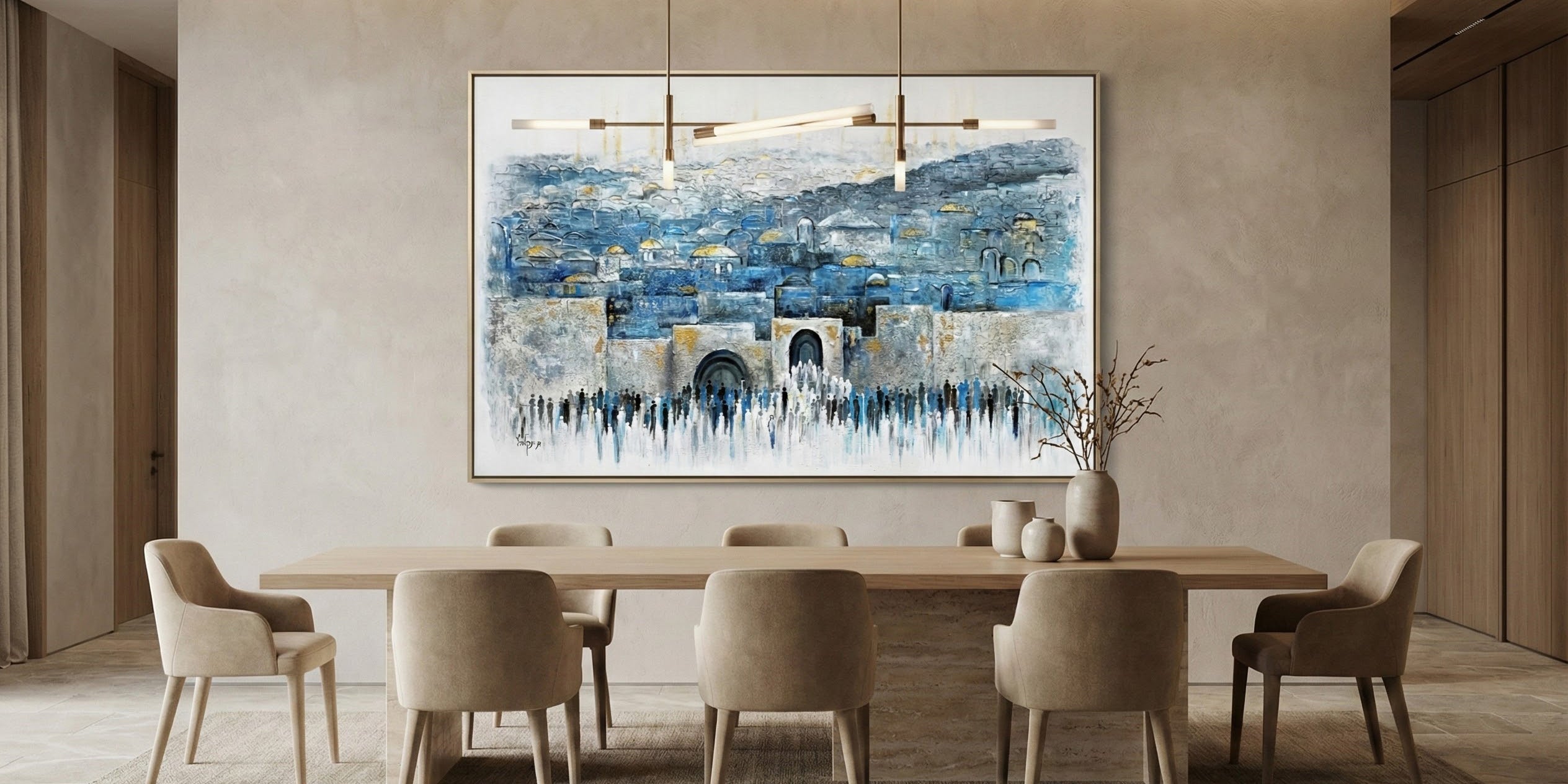 Abstract Jerusalem cityscape painting by Menucha Yankelevitch, featuring blue and gold tones, architectural textures, and a serene modern interior setting with a contemporary dining room.