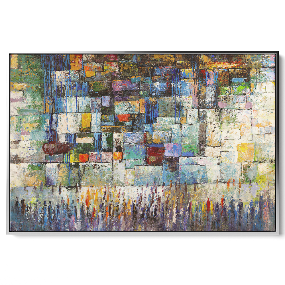 Colorful abstract painting of the Western Wall, contemporary Jewish artwork, vibrant Hebrew wall decor by Yossi Bitton.