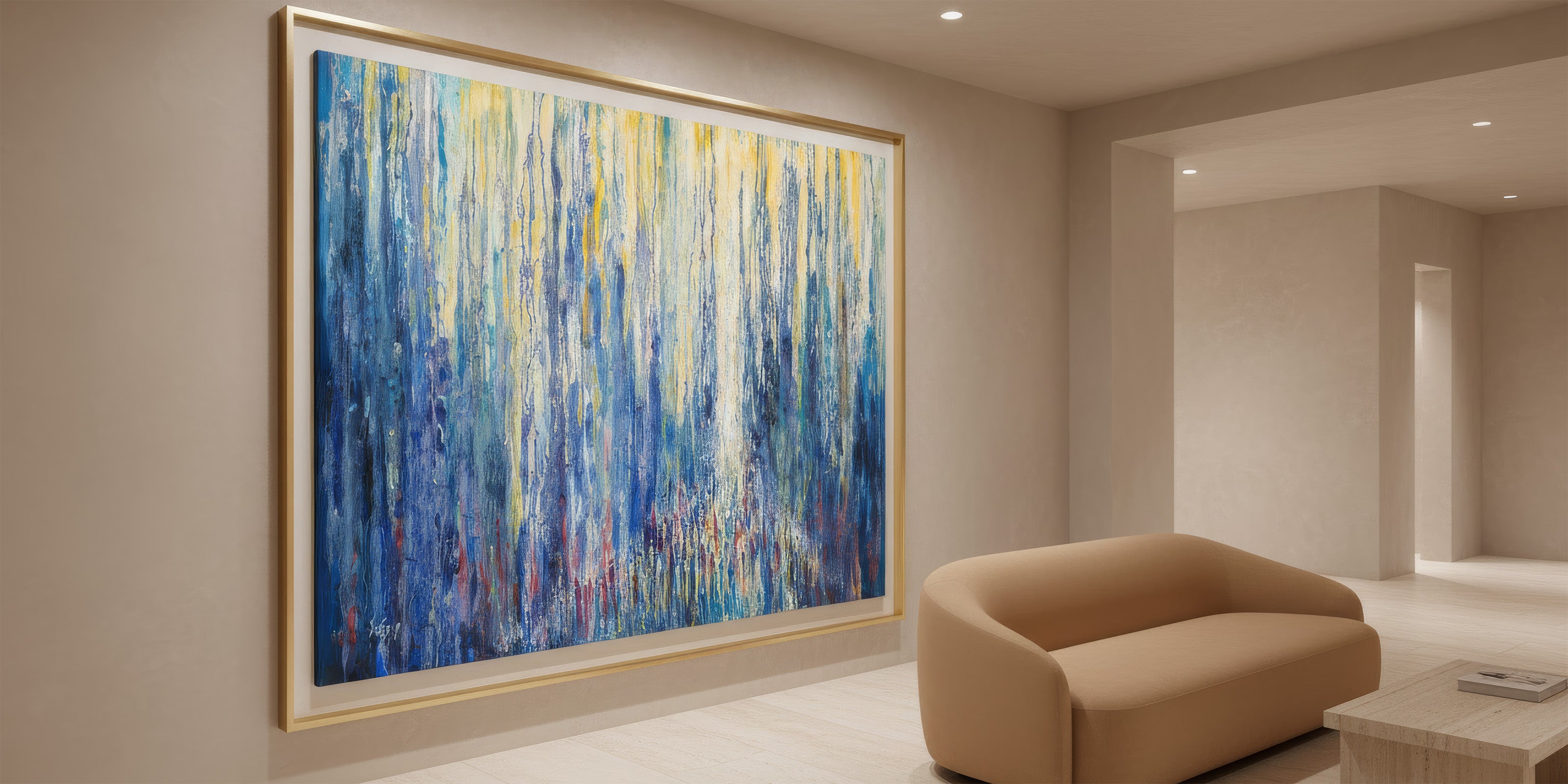 Modern abstract wall art in blue and gold tones, featuring vertical textured brushstrokes, framed and displayed in a contemporary living room interior.