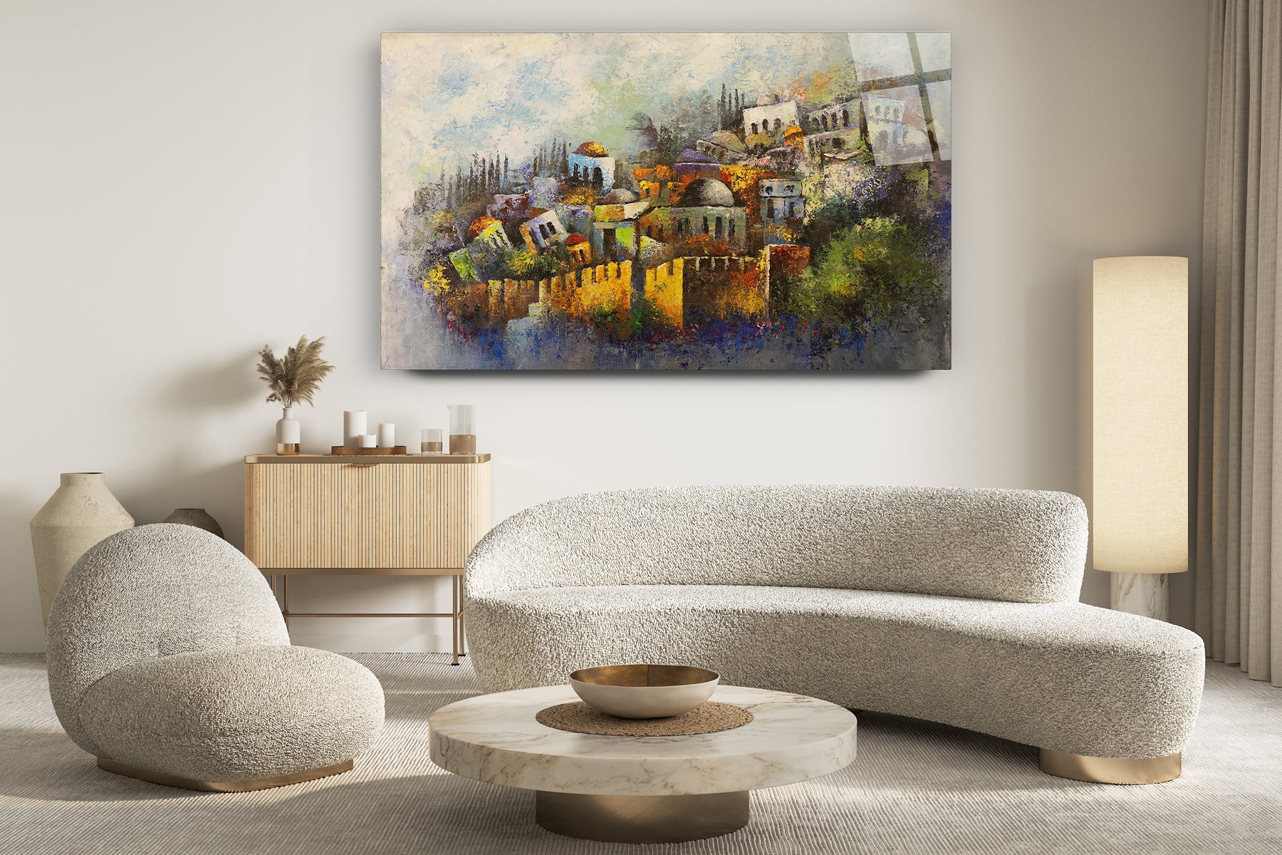 Jerusalem - Yossi Bitton's Modern Interpretation of Jewish Art on Acrylic displayed in a living room, featuring vibrant abstract city representation.