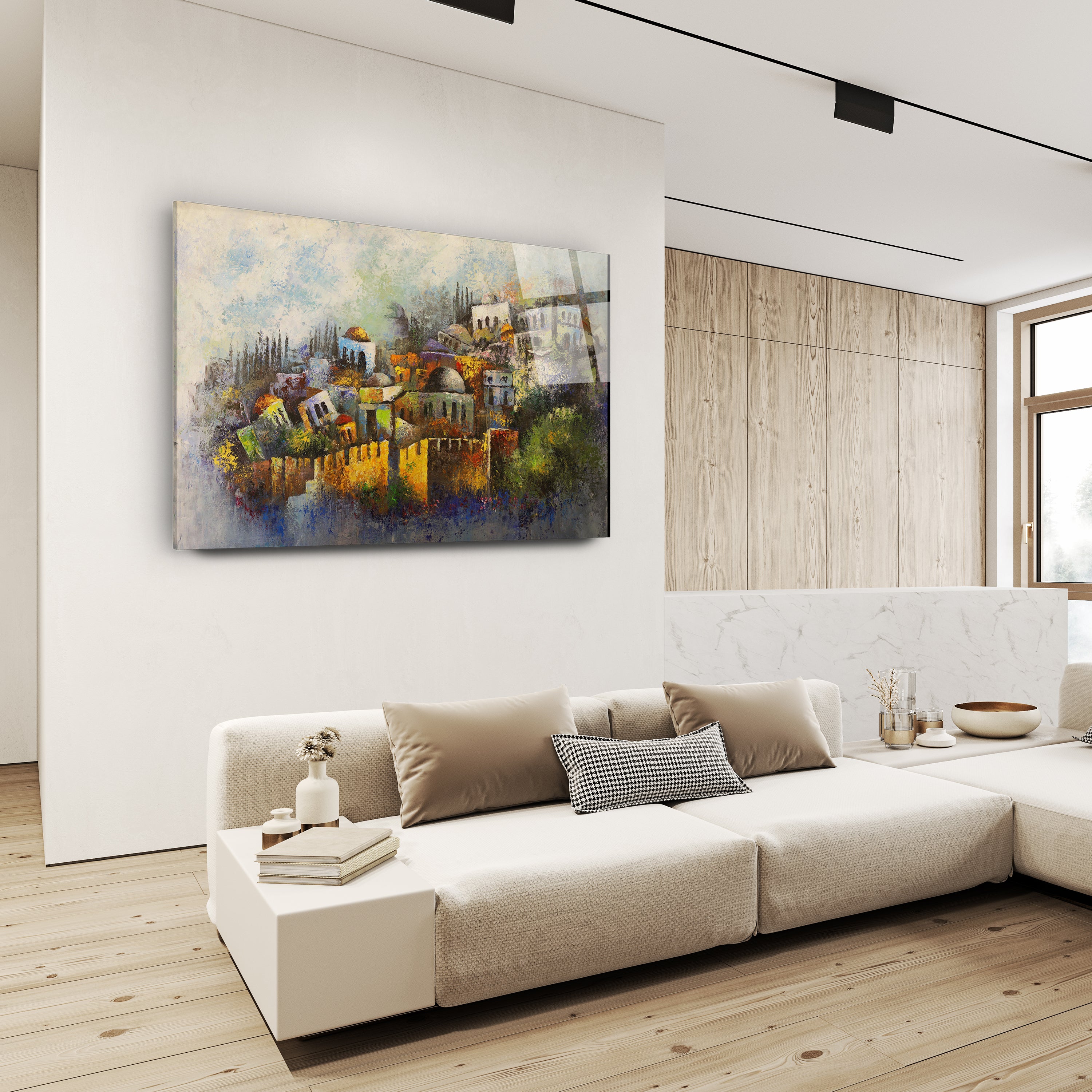 Jerusalem - Yossi Bitton's Modern Interpretation of Jewish Art on Acrylic displayed above a sofa with pillows in a stylish living room setting.