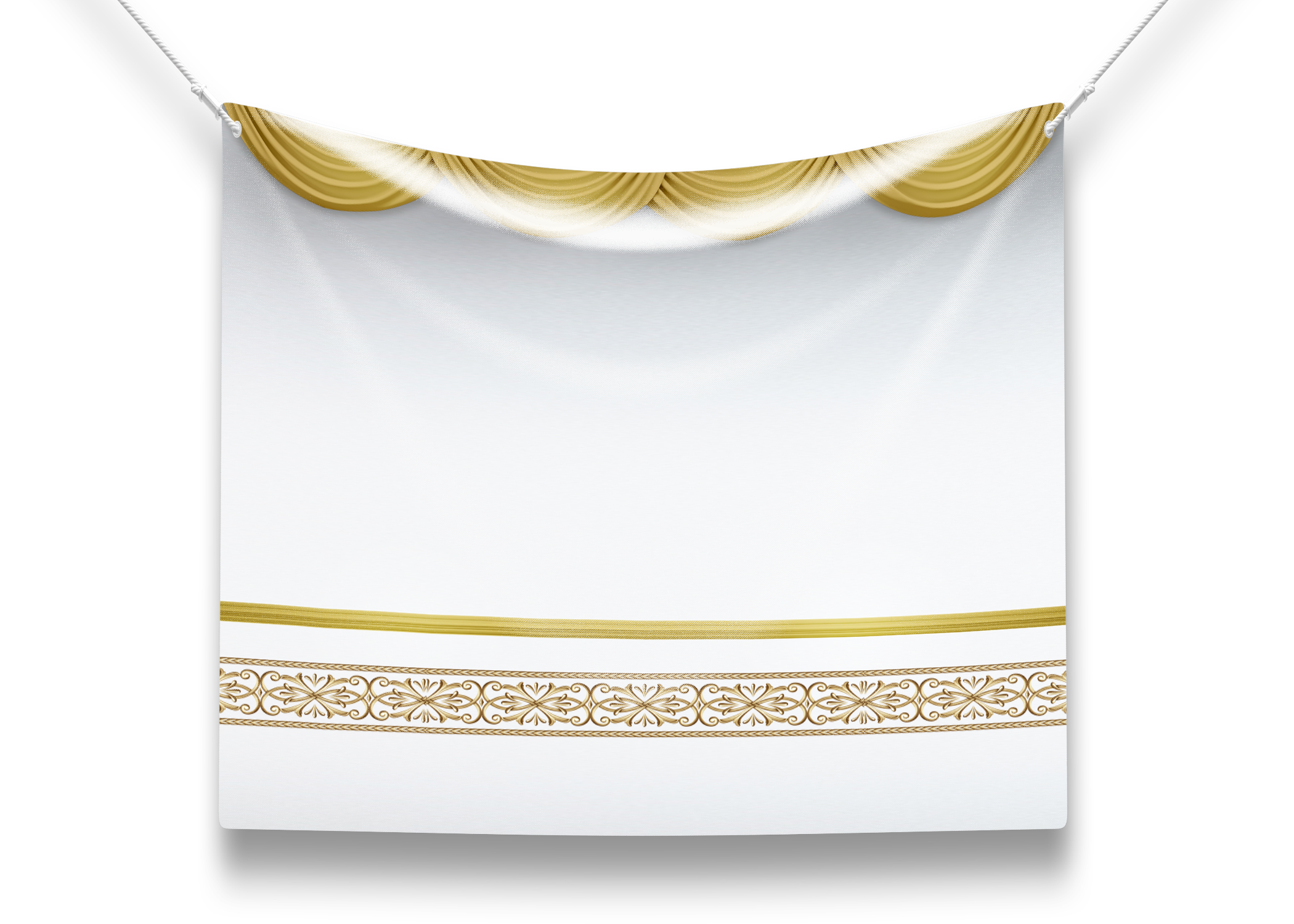 Customizable Sukkot Fabric featuring a white and gold design, perfect for creating personalized sukkah wall art. Durable, UV and waterproof, ideal for festive decoration.